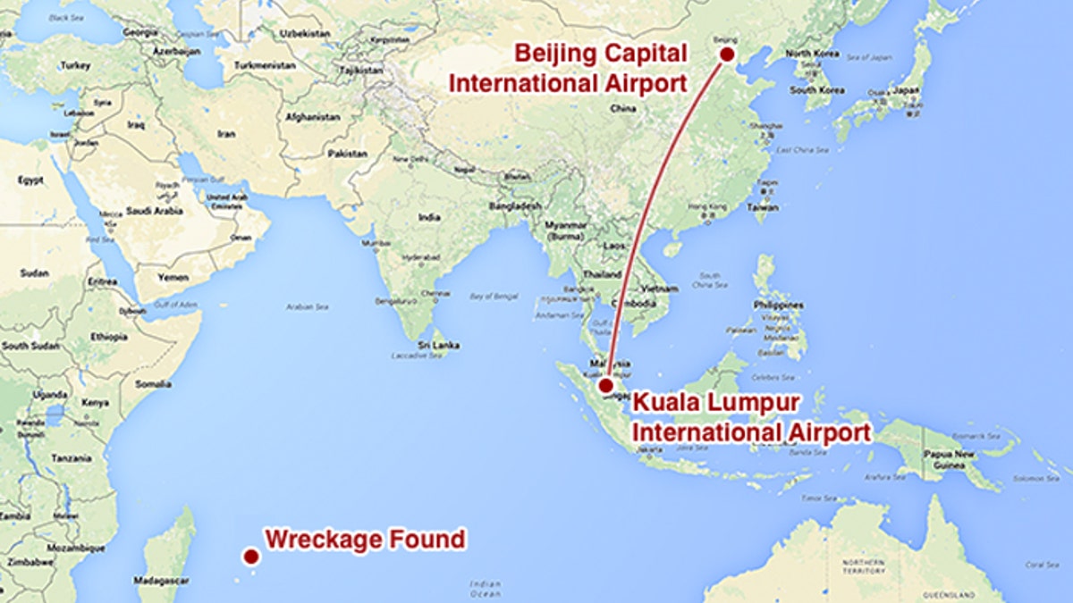 This map shows the intended route of MH370 and the area that plane debris was found in on Wednesday. MH370 was less than an hour into its flight from Kuala Lumpur to Beijing when it disappeared from radar. Investigators believe it veered off course and went missing somewhere in the southern Indian Ocean.