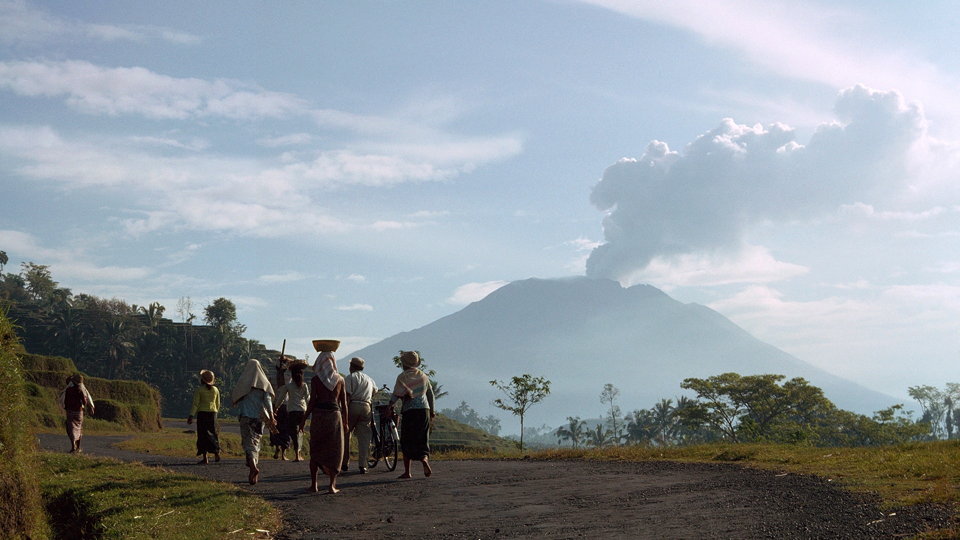 Mount Agung's volcano smokes after a devastating eruption in Bali, Lesser Sunda Islands, Indonesia in 1963