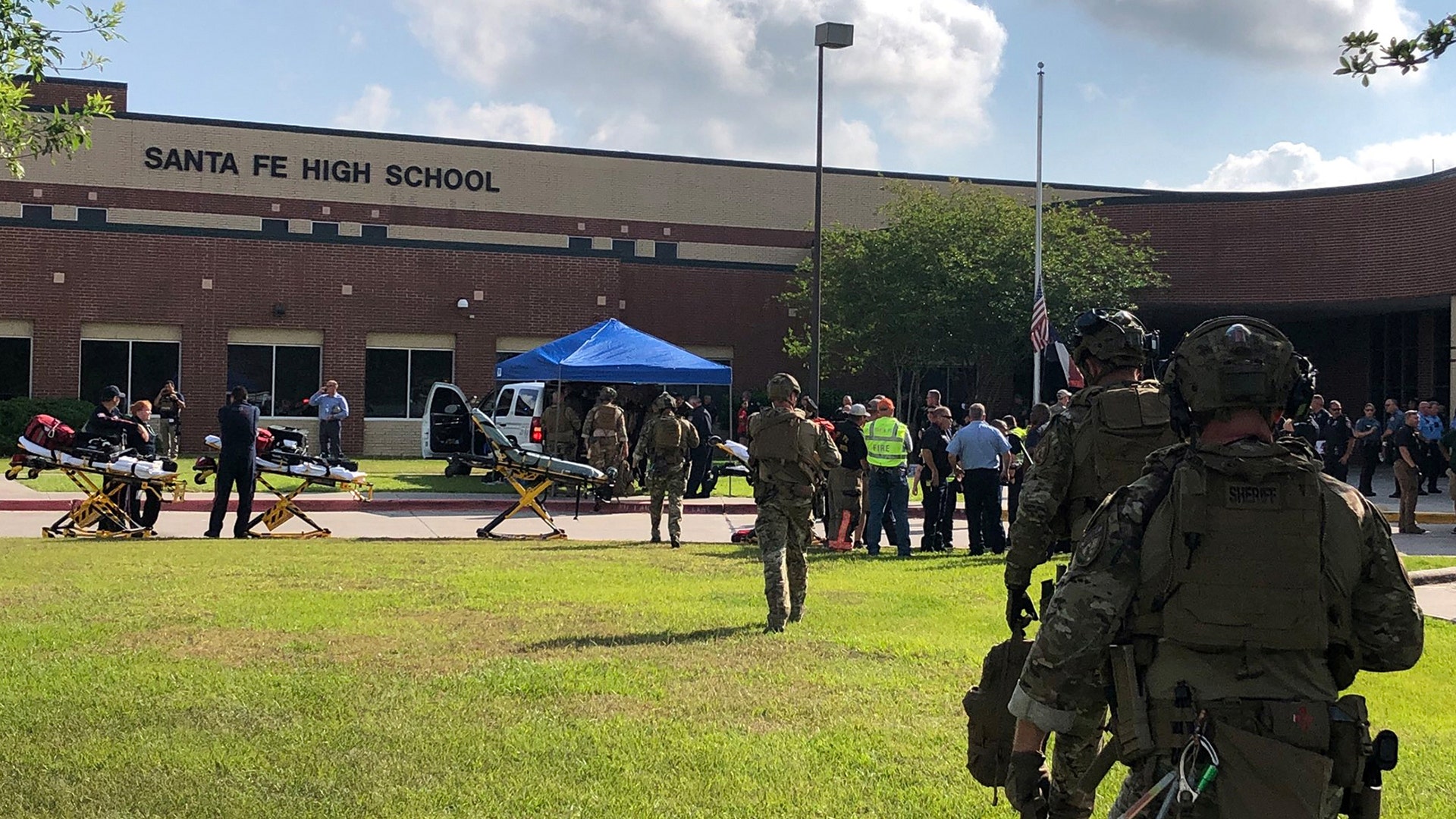 Law enforcement officers at the Santa Fe High School following a shooting incident in Santa Fe, Texas, May 18, 2018