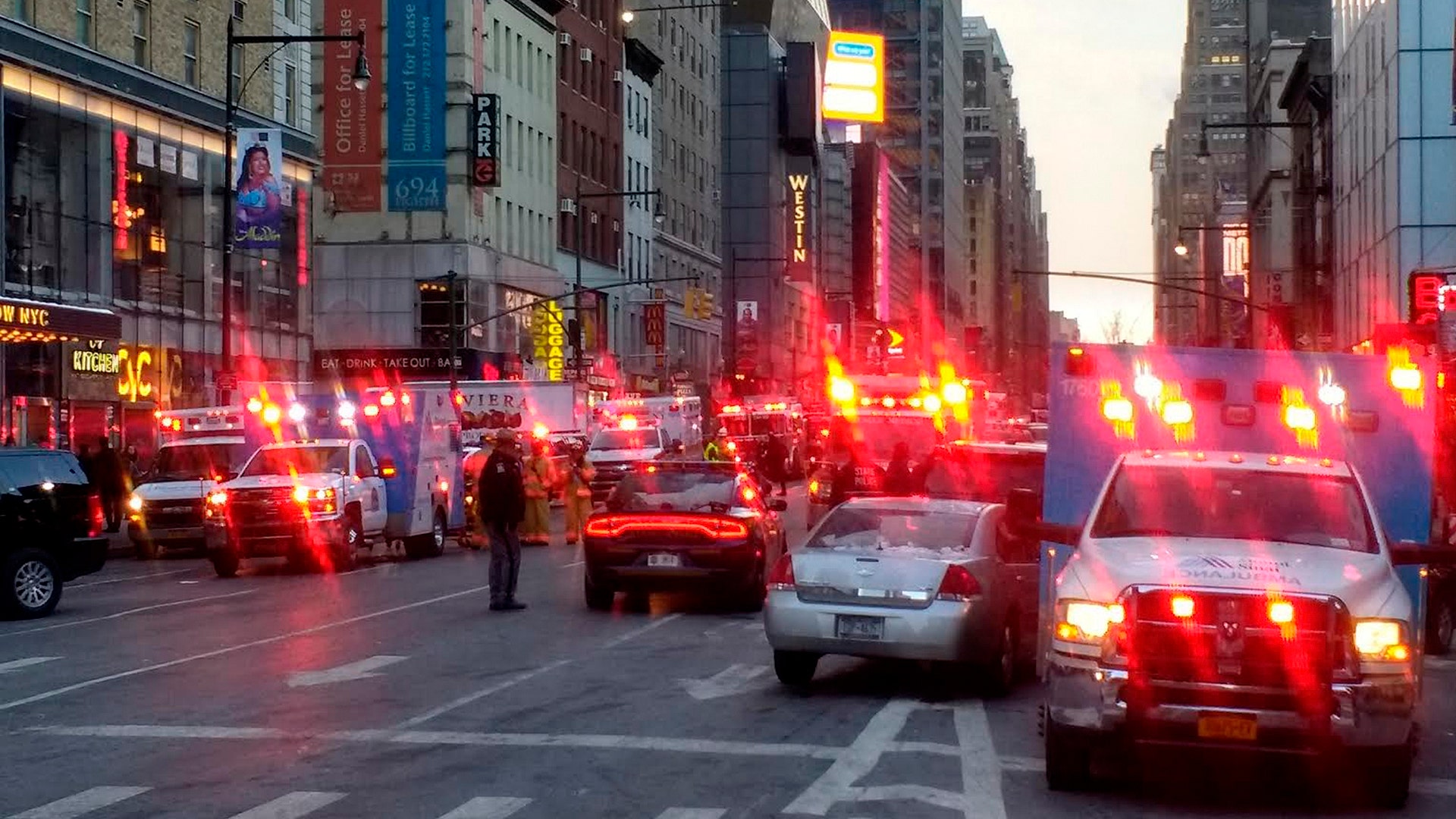 Emergency vehicles outside the Port Authority Bus Terminal in New York City, December 11, 2017