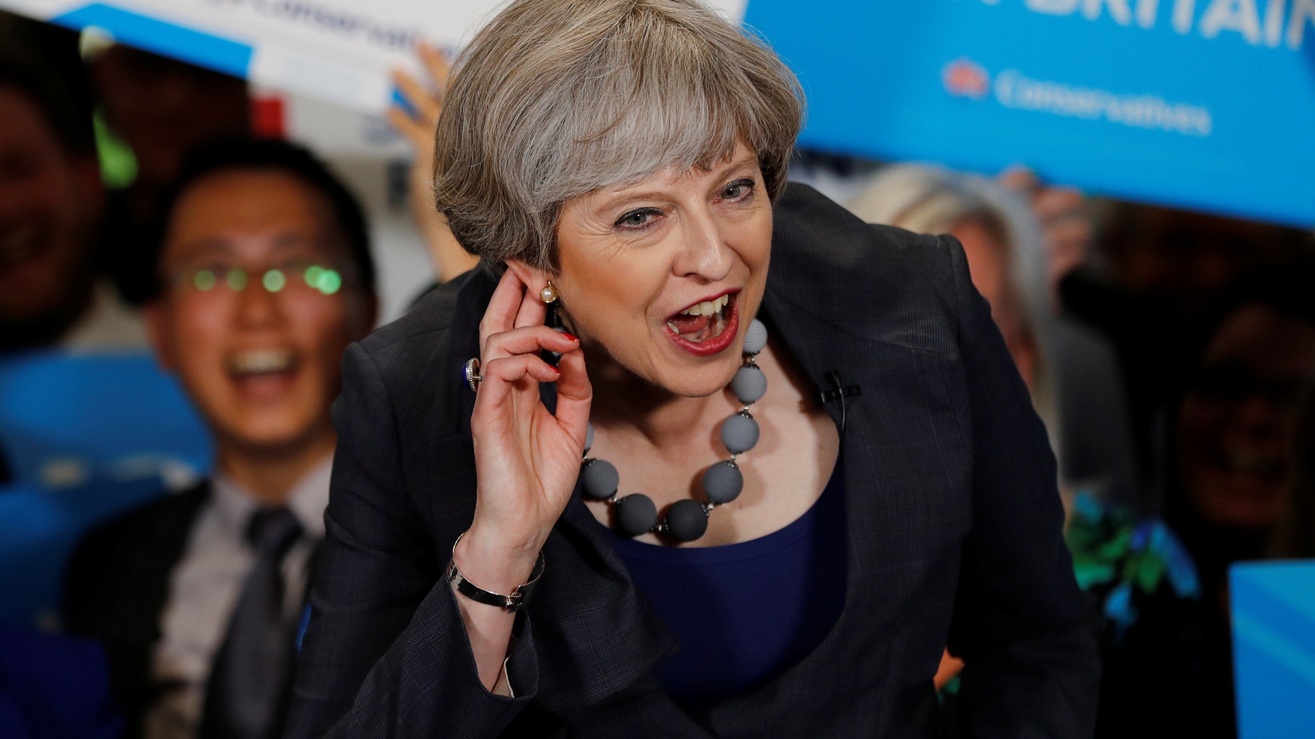 Britain's Prime Minister Theresa May at an election campaign event at Pride Park Stadium in Derby, Britain