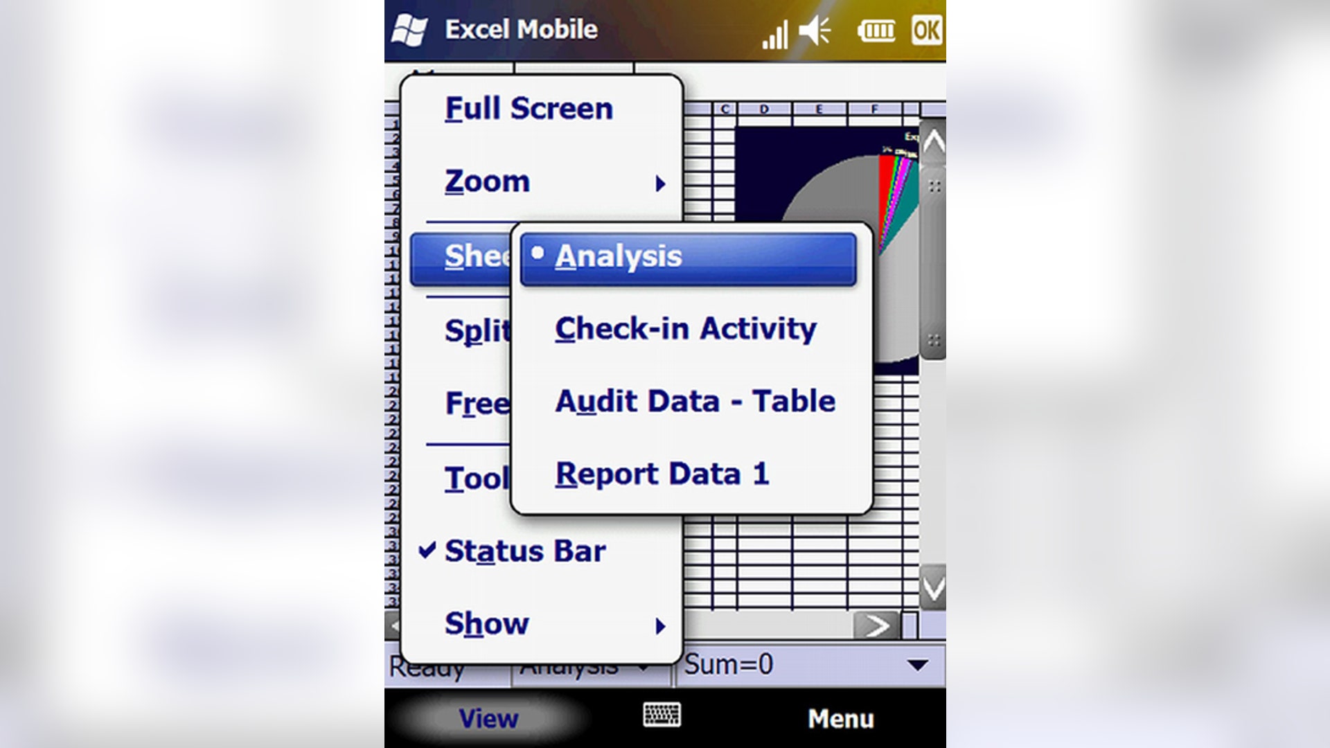 Office Mobile Excel: Menu, Analysis Screen