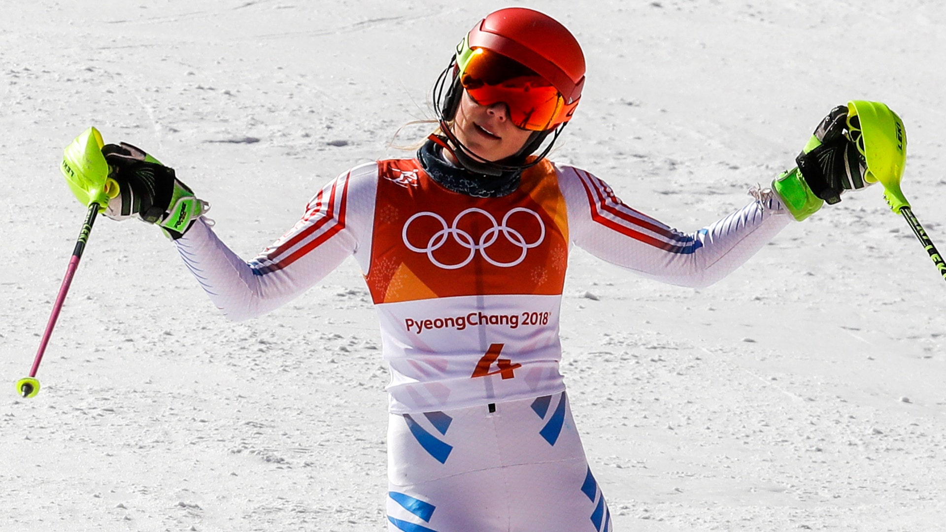 Mikaela Shiffrin of the United States, after her second run of the women's slalom at the 2018 Winter Olympics in Pyeongchang