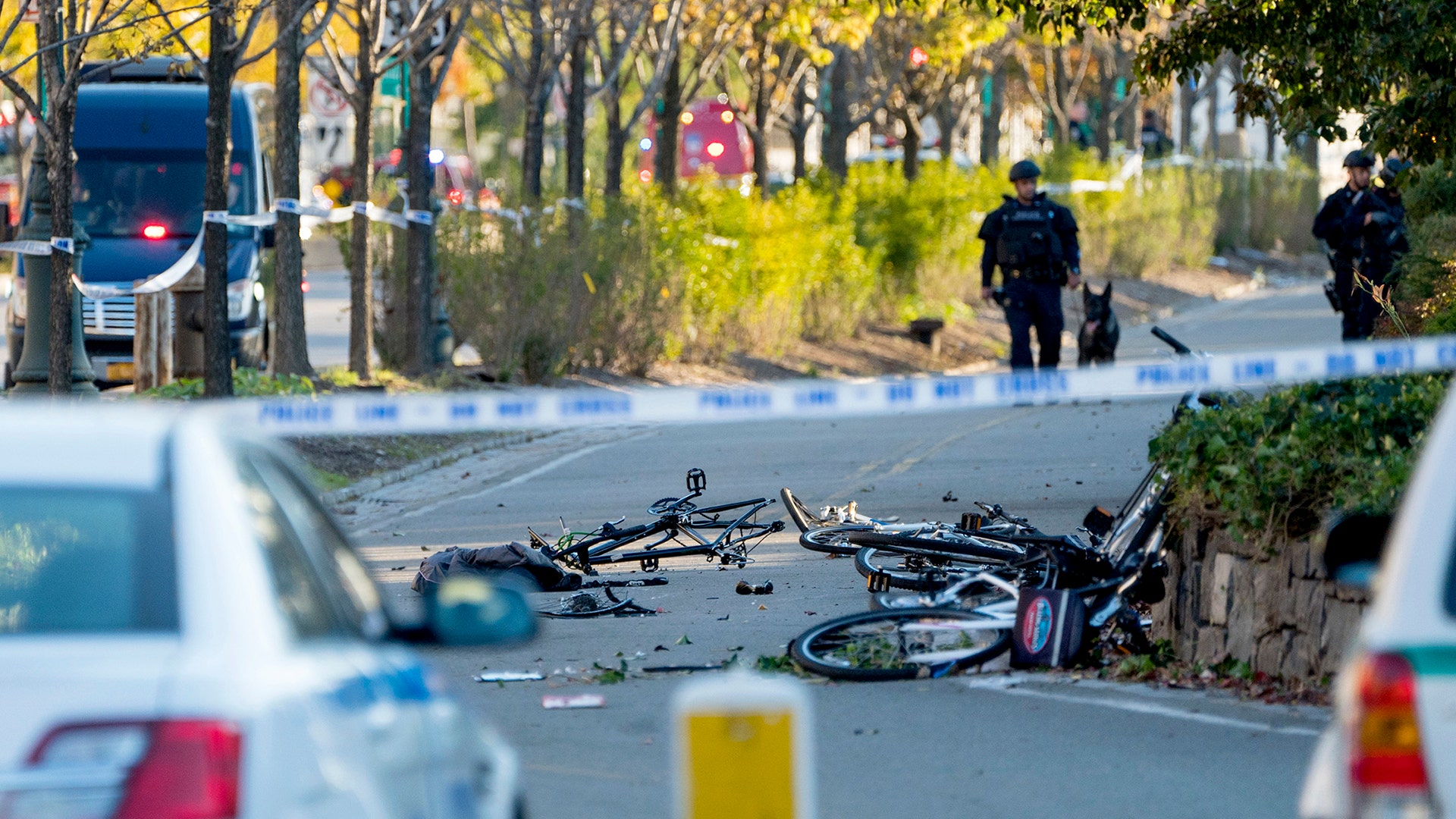 Bicycles and debris lie on a bike path after a terror attack in New York City, October 31