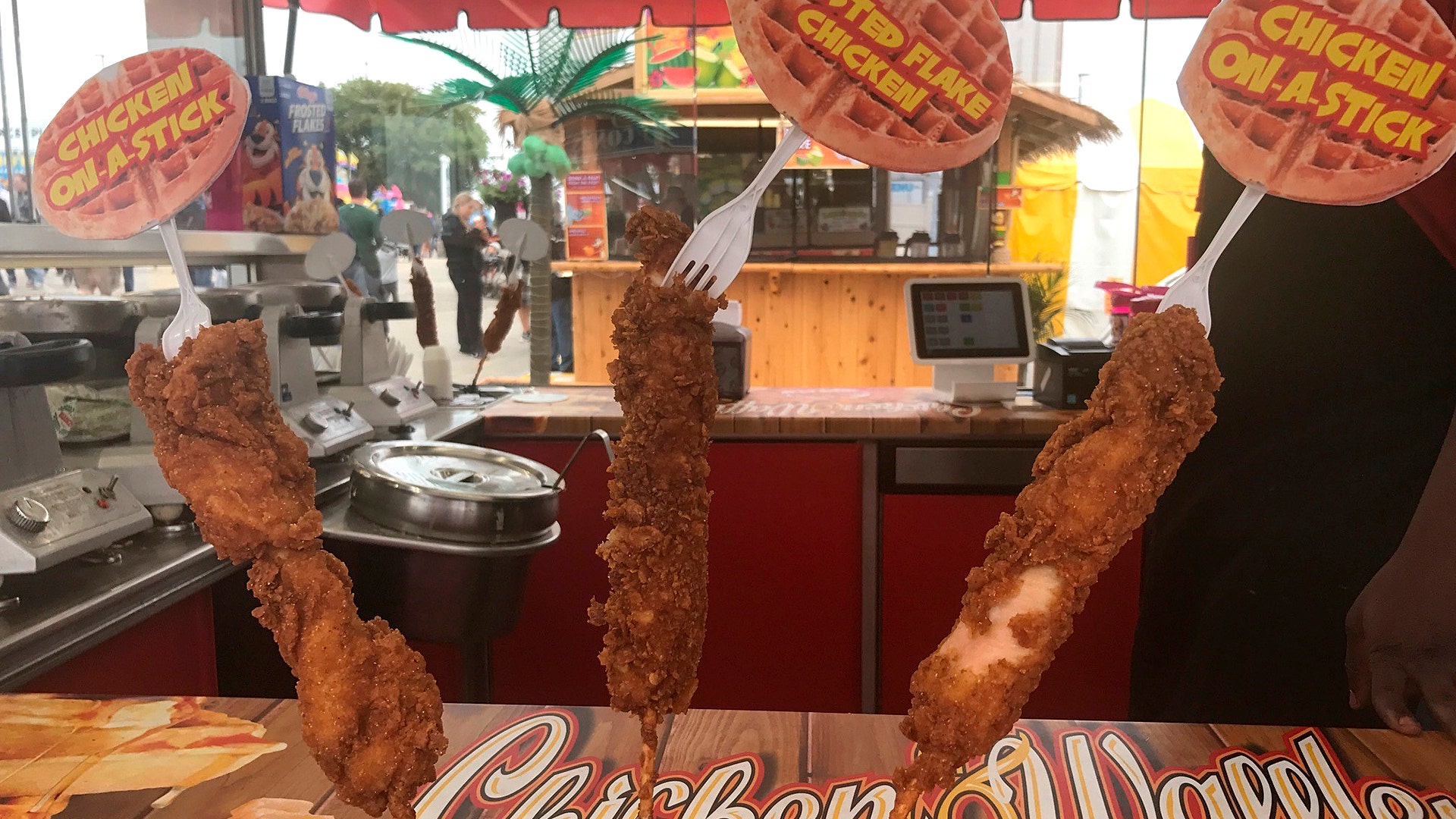 Chicken on a stick is available in both regular and Frosted Flake-crusted varieties.