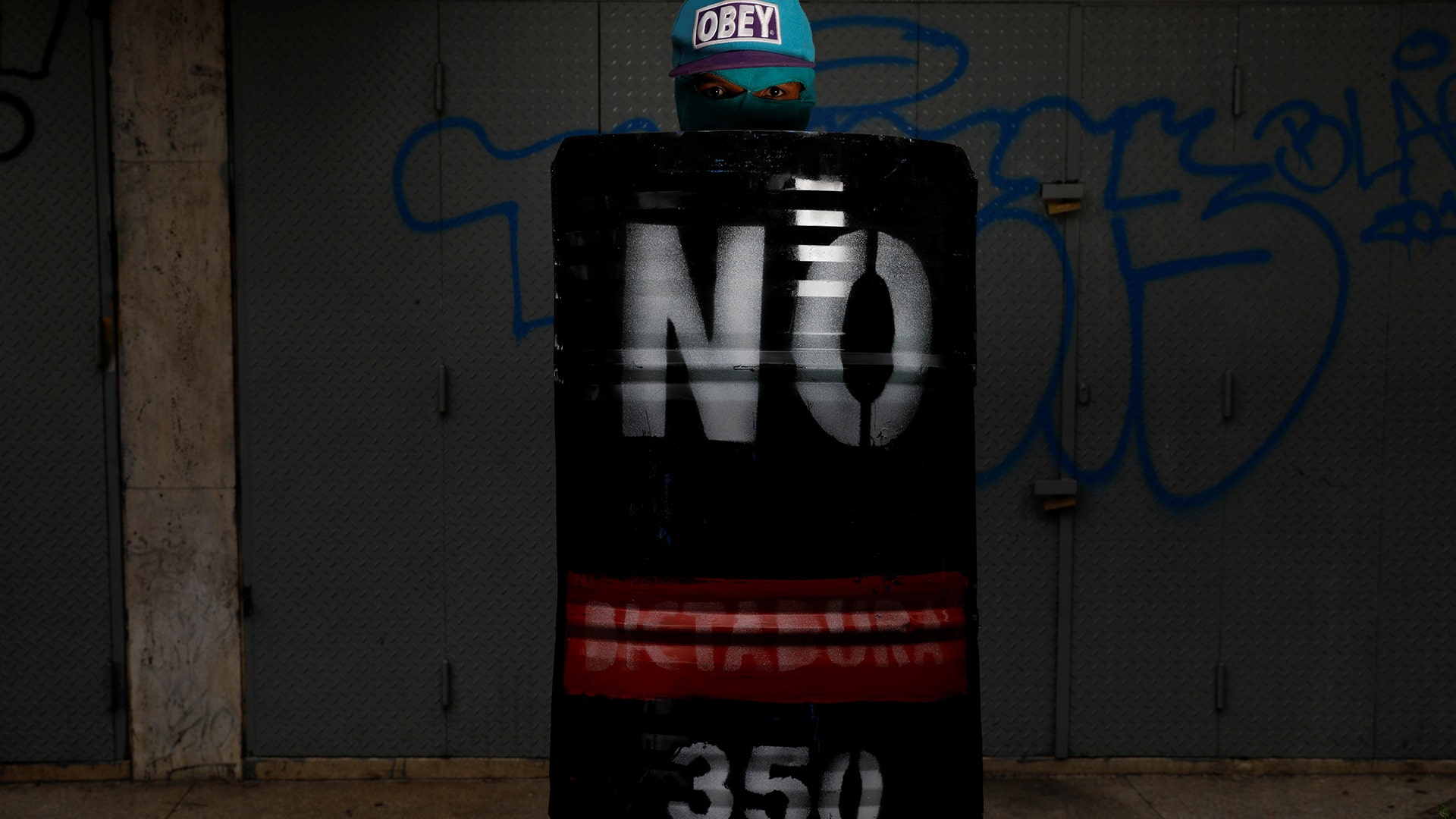 A demonstrator holding a rudimentary shield that reads