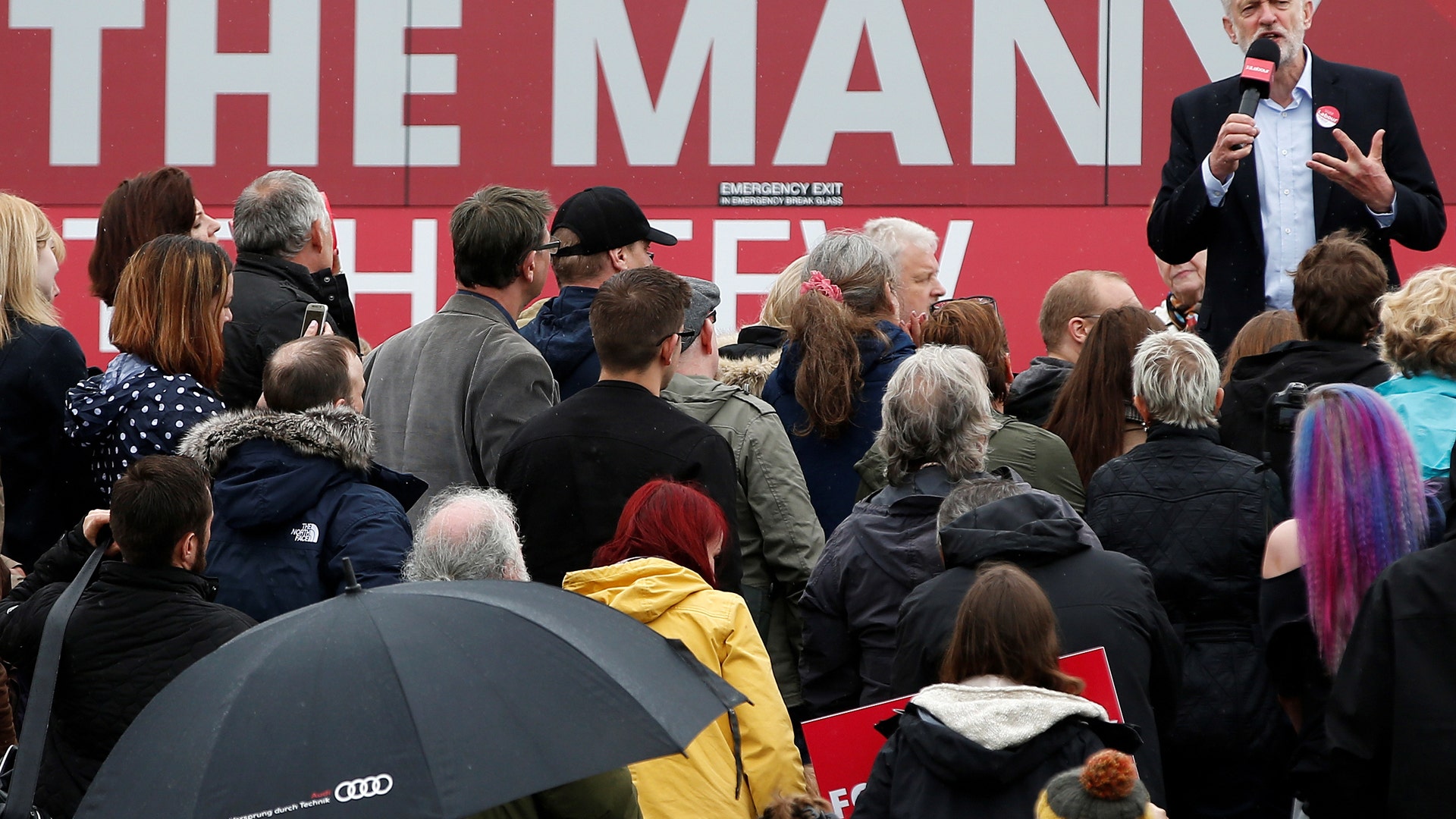 Jeremy Corbyn, leader of Britain's opposition Labor Party attends an election event in Blyth