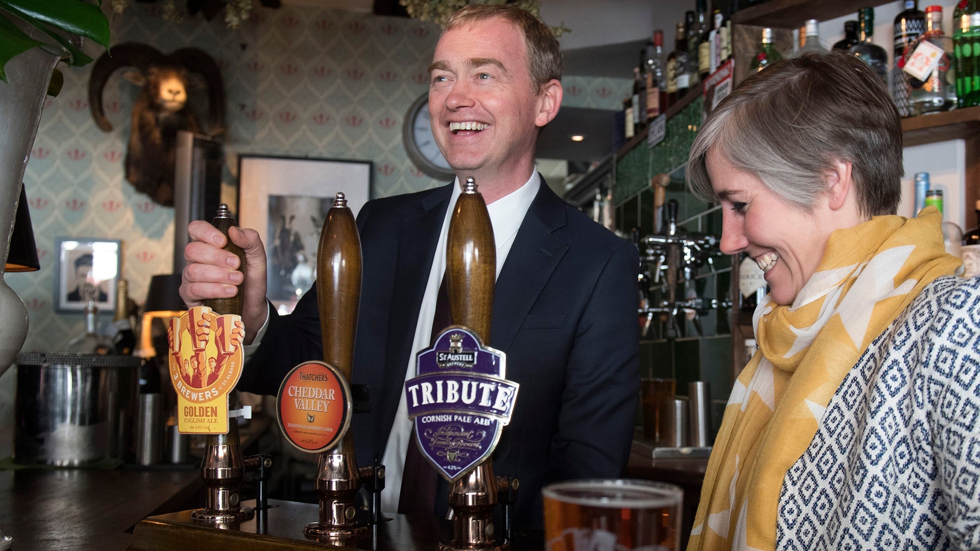 Liberal Democrats leader Tim Farron during a visit to The King Arms pub while on the election campaign in St Albans