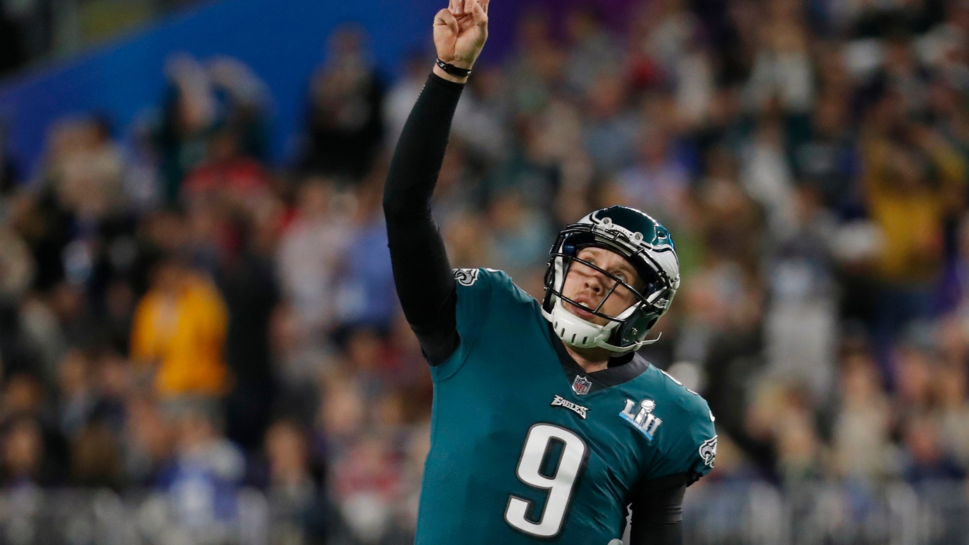 Philadelphia Eagles quarterback Nick Foles after throwing a touchdown pass in the first quarter in Super Bowl 52 in Minneapolis