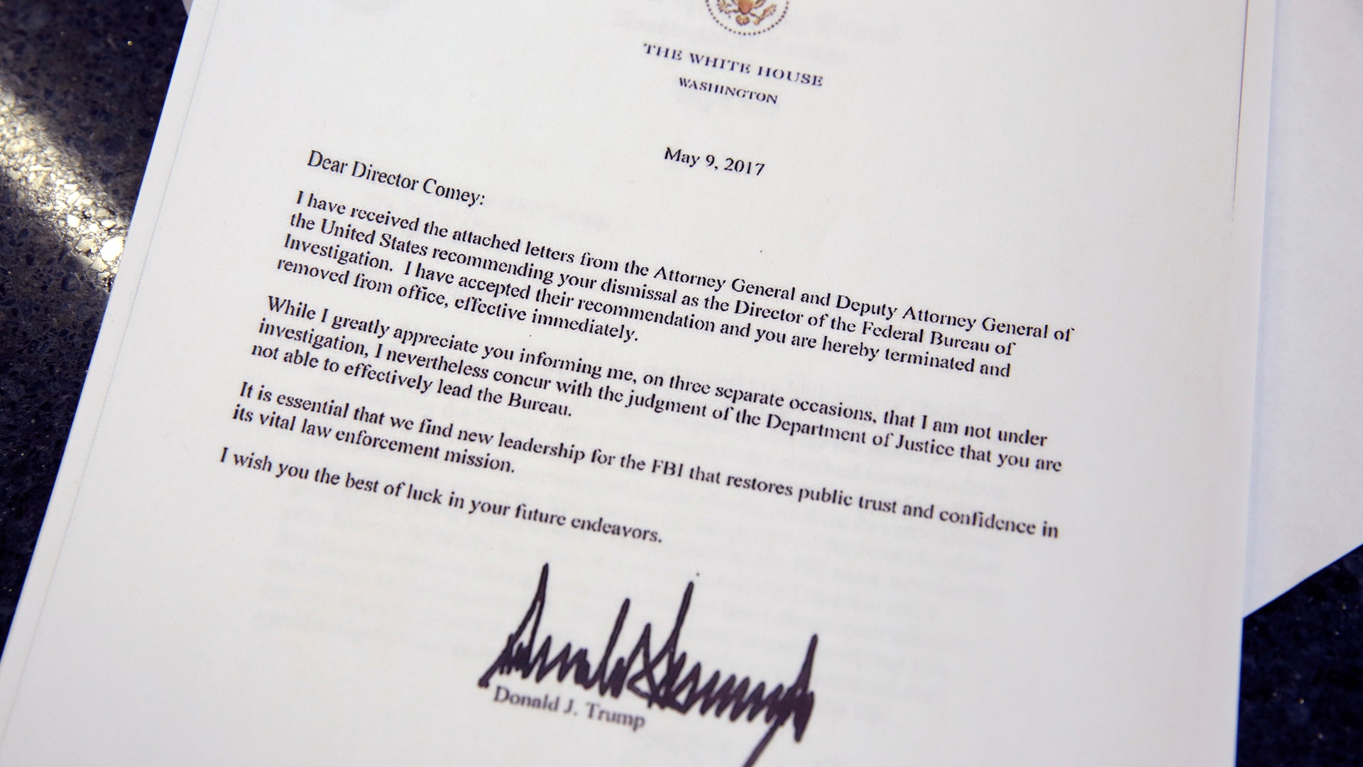 Letter by U.S. President Donald Trump firing Director of the FBI James Comey at the White House, May 9, 2017