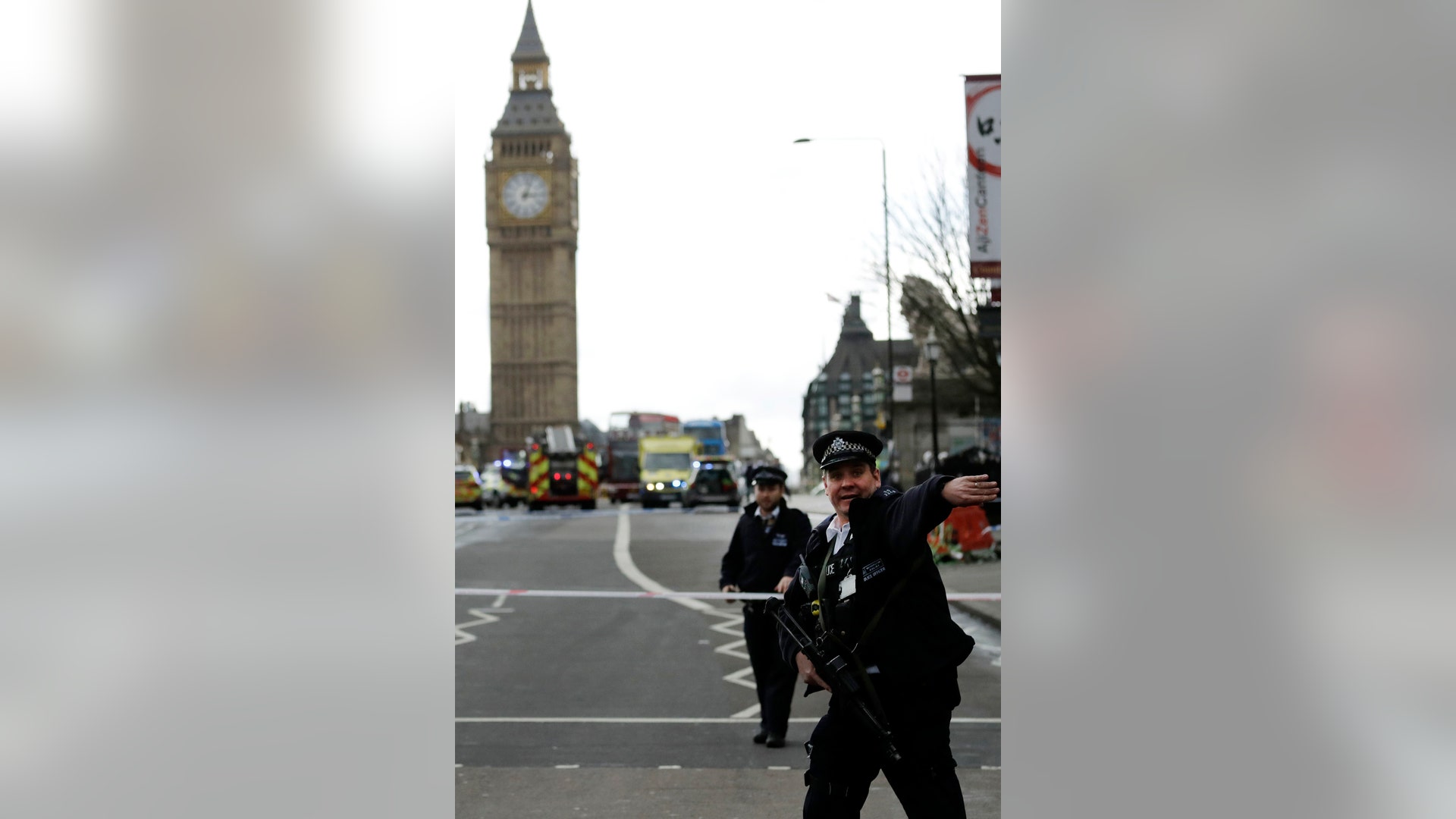 Police secure the area on the south side of Westminster Bridge.