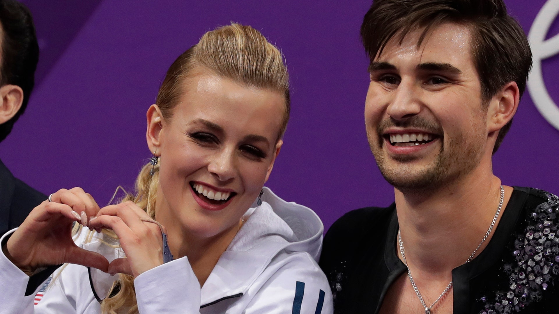 Madison Hubbell and Zachary Donohue of the United States following their performance in the ice dance short program at the Winter Olympics