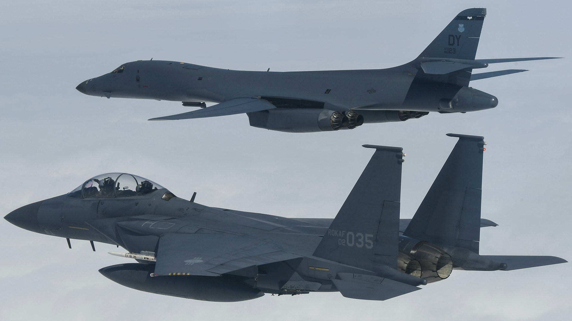A U.S. Air Force B-1B Lancer assigned to the 9th Expeditionary Bomb Squadron during a training mission over the Korean Peninsula