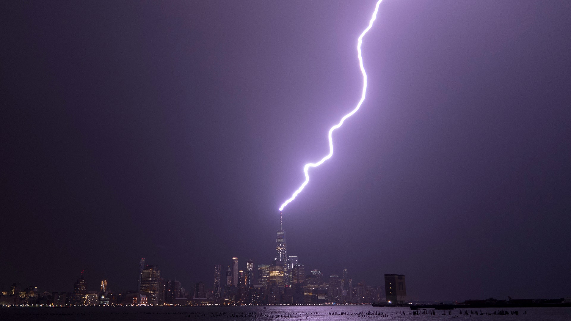 One World Trade Center takes a direct hit by a lightning bolt Tuesday night
