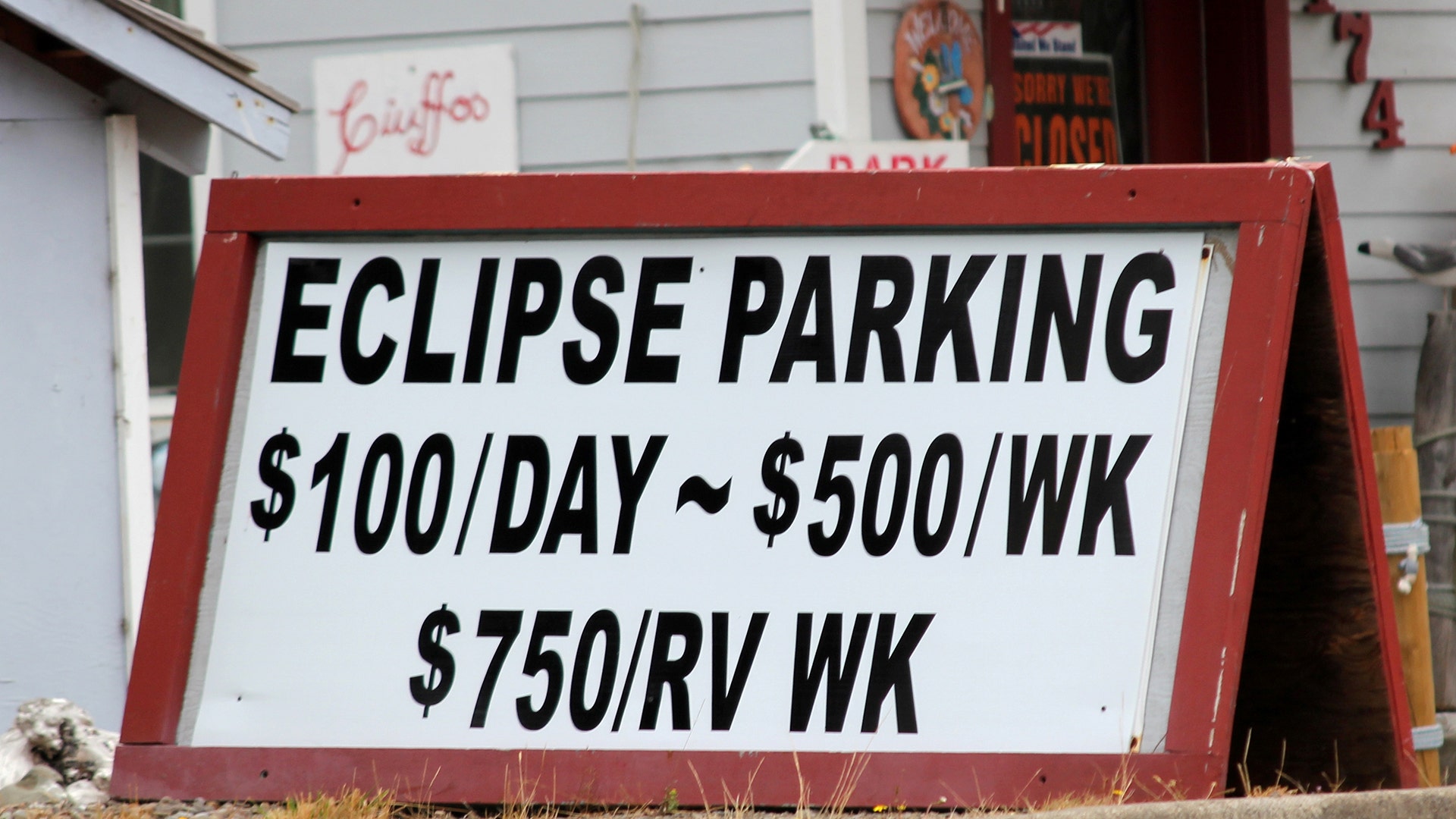 A parking sign for people visiting for the solar eclipse in Depoe Bay, Oregon, August 9