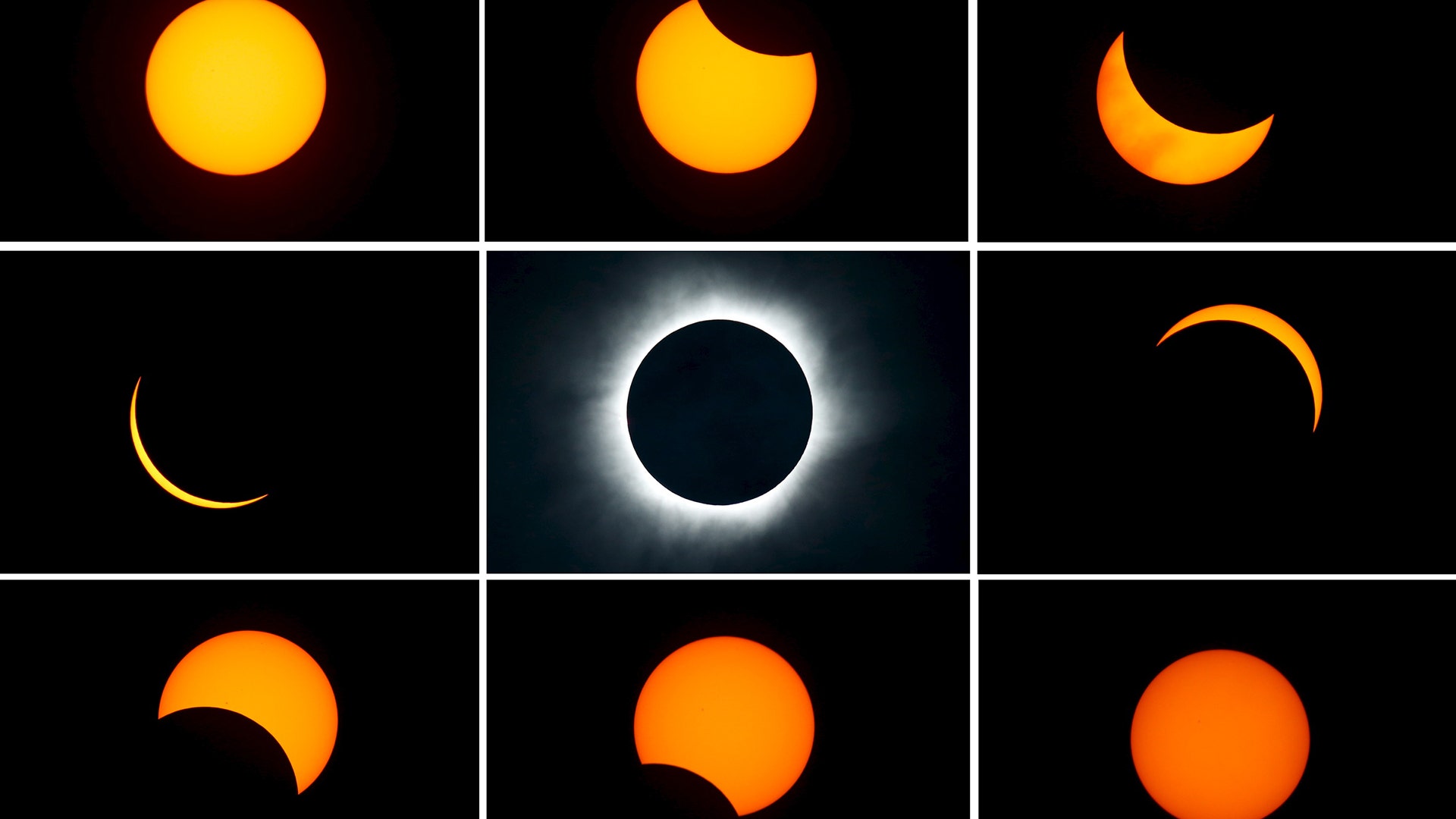 A combination photograph shows the beginning to the end of a total solar eclipse as seen from Ternate Island, Indonesia, March 9, 2016