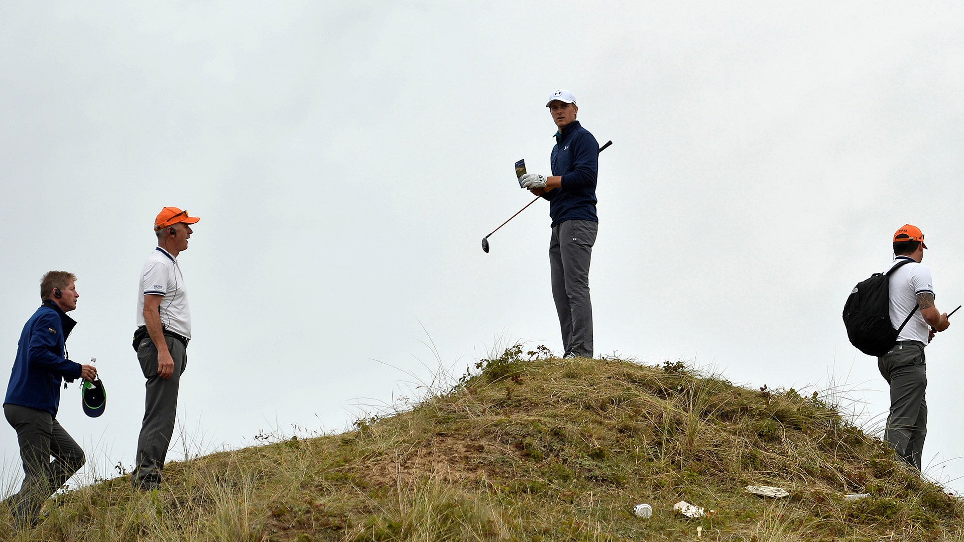 Jordan Spieth after landing in the rough off the 13th tee during the final round of the British Open Golf Championship, Sunday