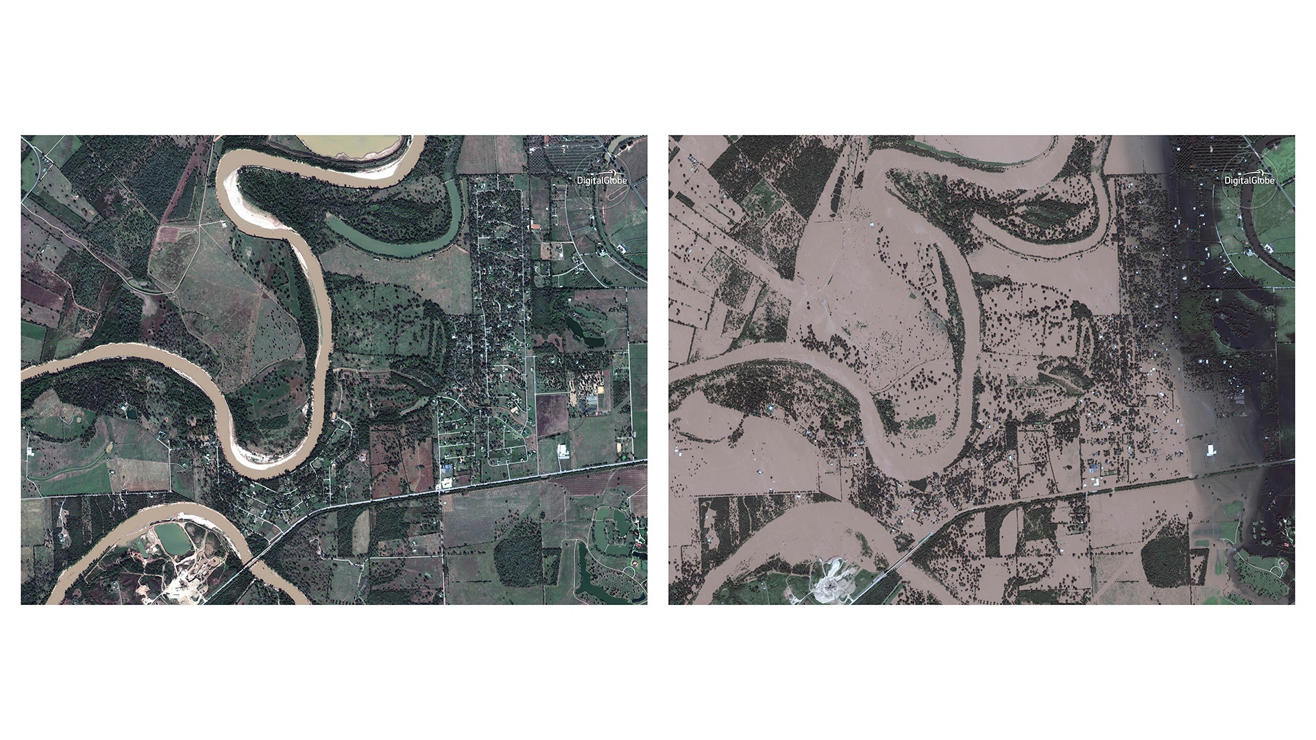 Combination satellite images show Simonton, Texas, west of Houston, on Nov. 20, 2016 and Aug. 30
