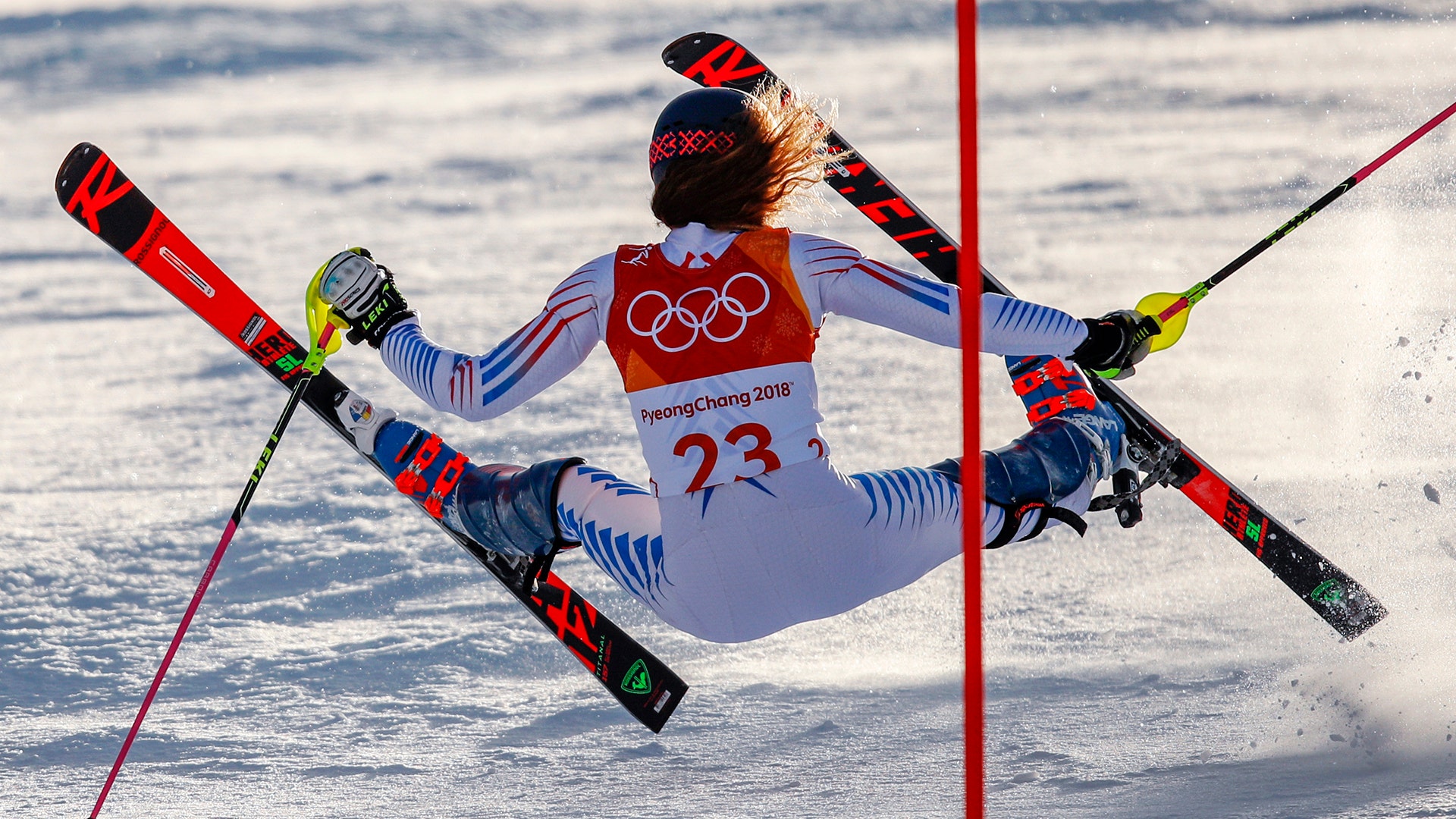 Resi Stiegler of the United States, falls during the first run of the women's slalom at the 2018 Winter Olympics in Pyeongchang