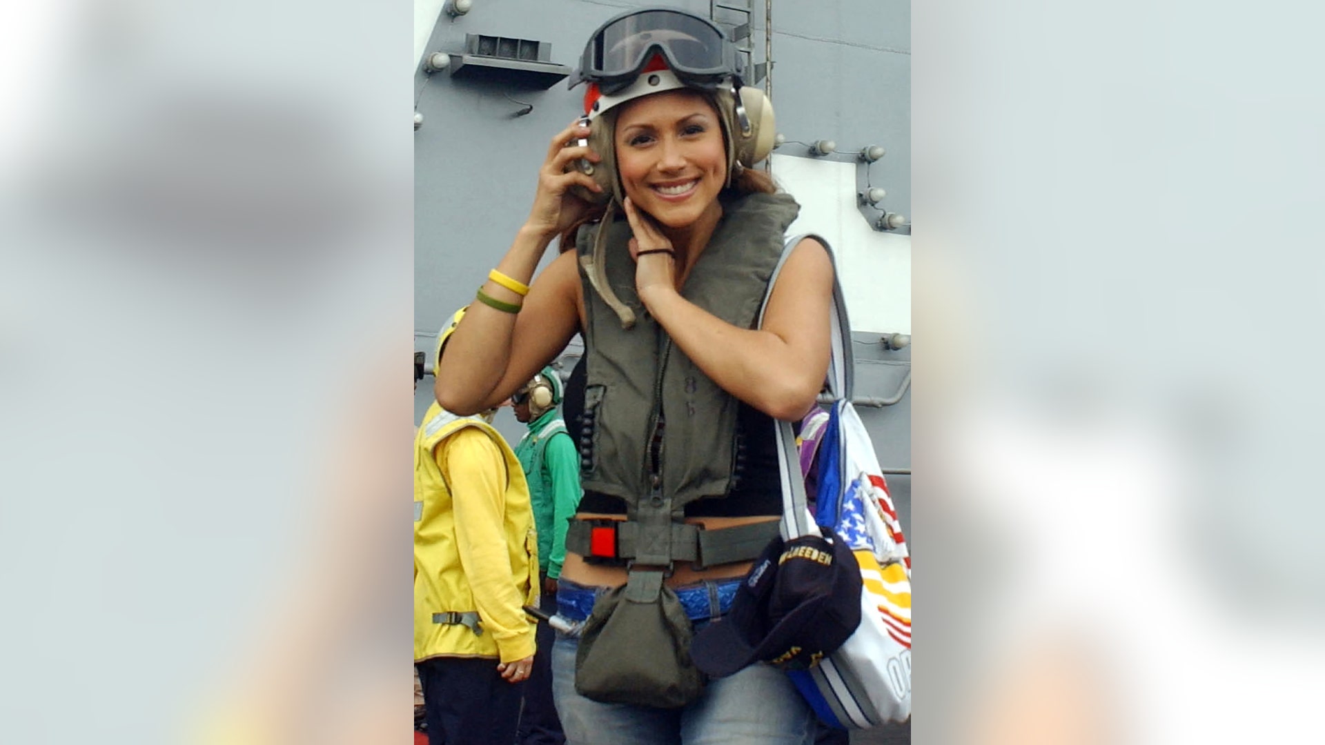 Leeann Tweeden in the hangar bay of the Nimitz-class aircraft carrier USS Harry S. Truman in the Gulf south of Iraq, December 15, 2004