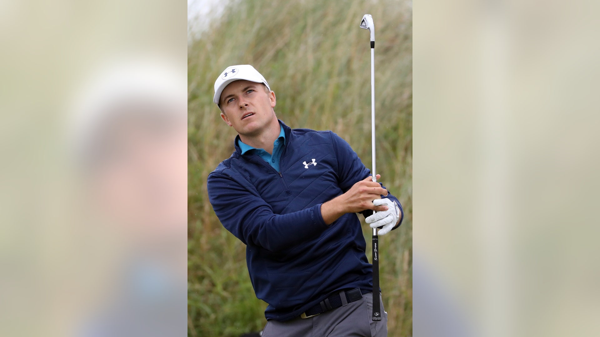 Jordan Spieth plays a shot off the 11th tee during the final round of the British Open Golf Championship