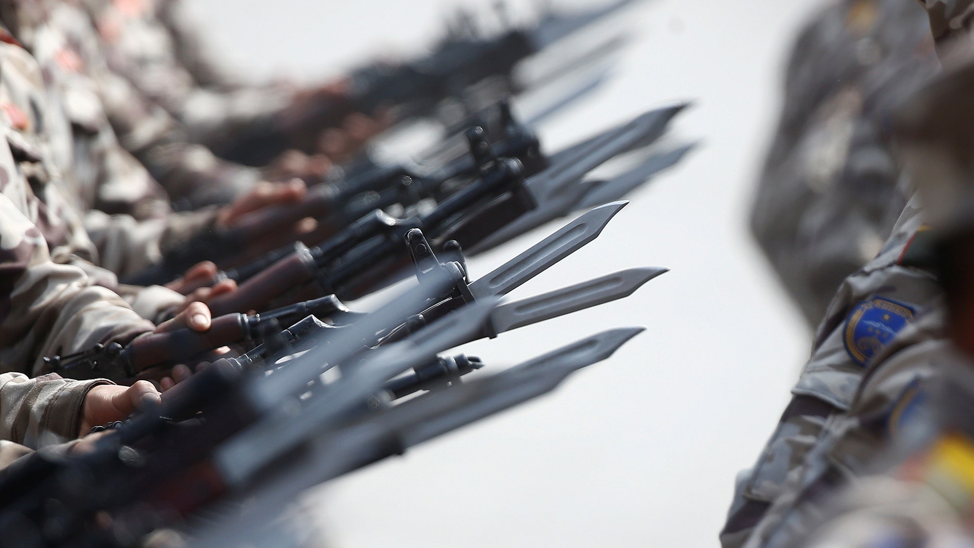 North Korean soldiers march with bayonets during a military parade in Pyongyang, North Korea April 15, 2017