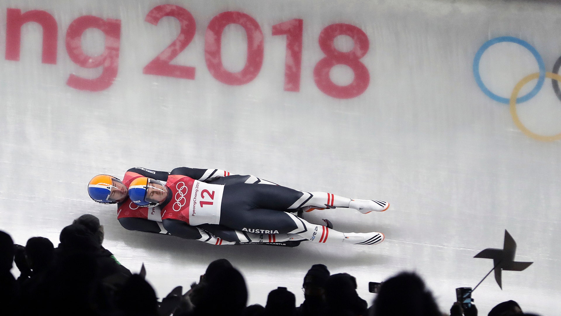 Thomas Koller and Lorenz Steu of Austria take a curve during the men's doubles luge final at the 2018 Winter Olympics