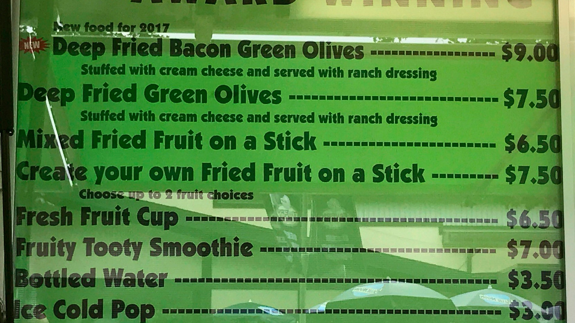 The same deep-fried olive vendor offers deep-fried fruit, if you're not in such a savory mood.