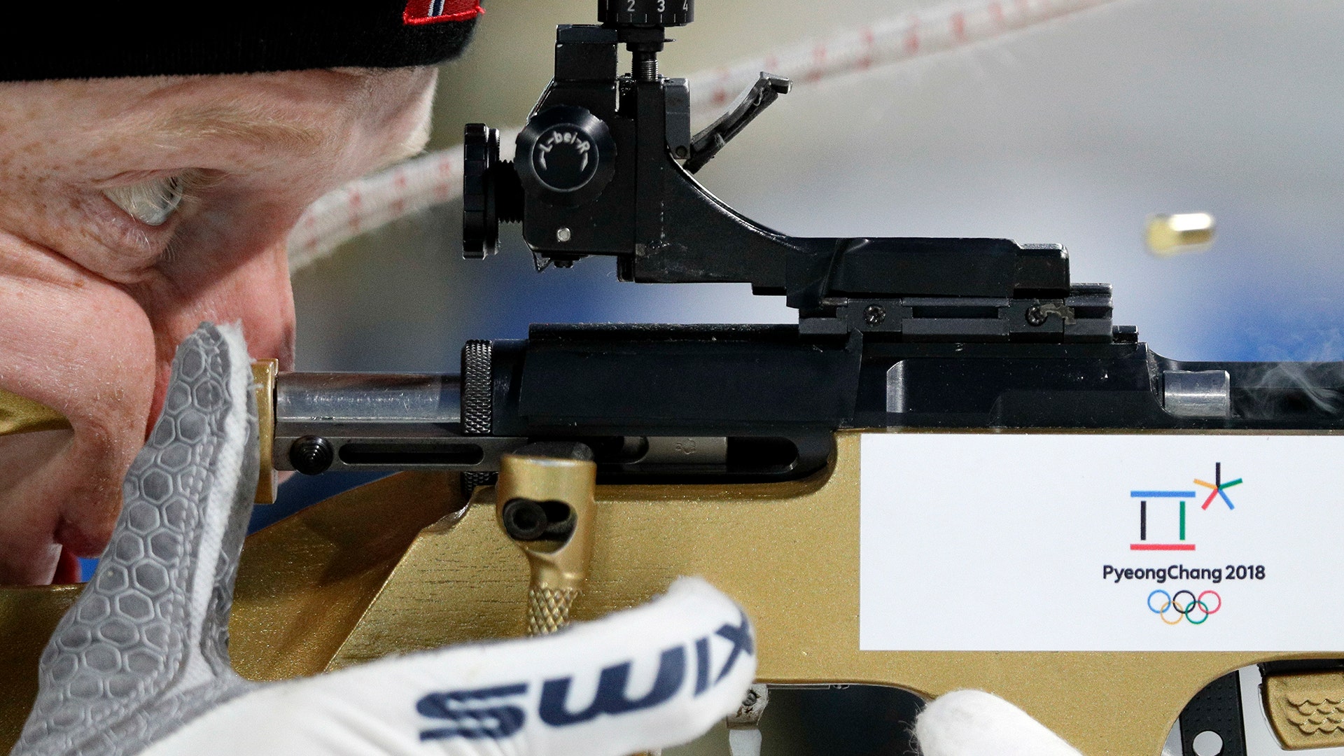 Norway's Emil Hegle Svendsen aims his rifle during a biathlon training session at the 2018 Winter Olympics in Pyeongchang