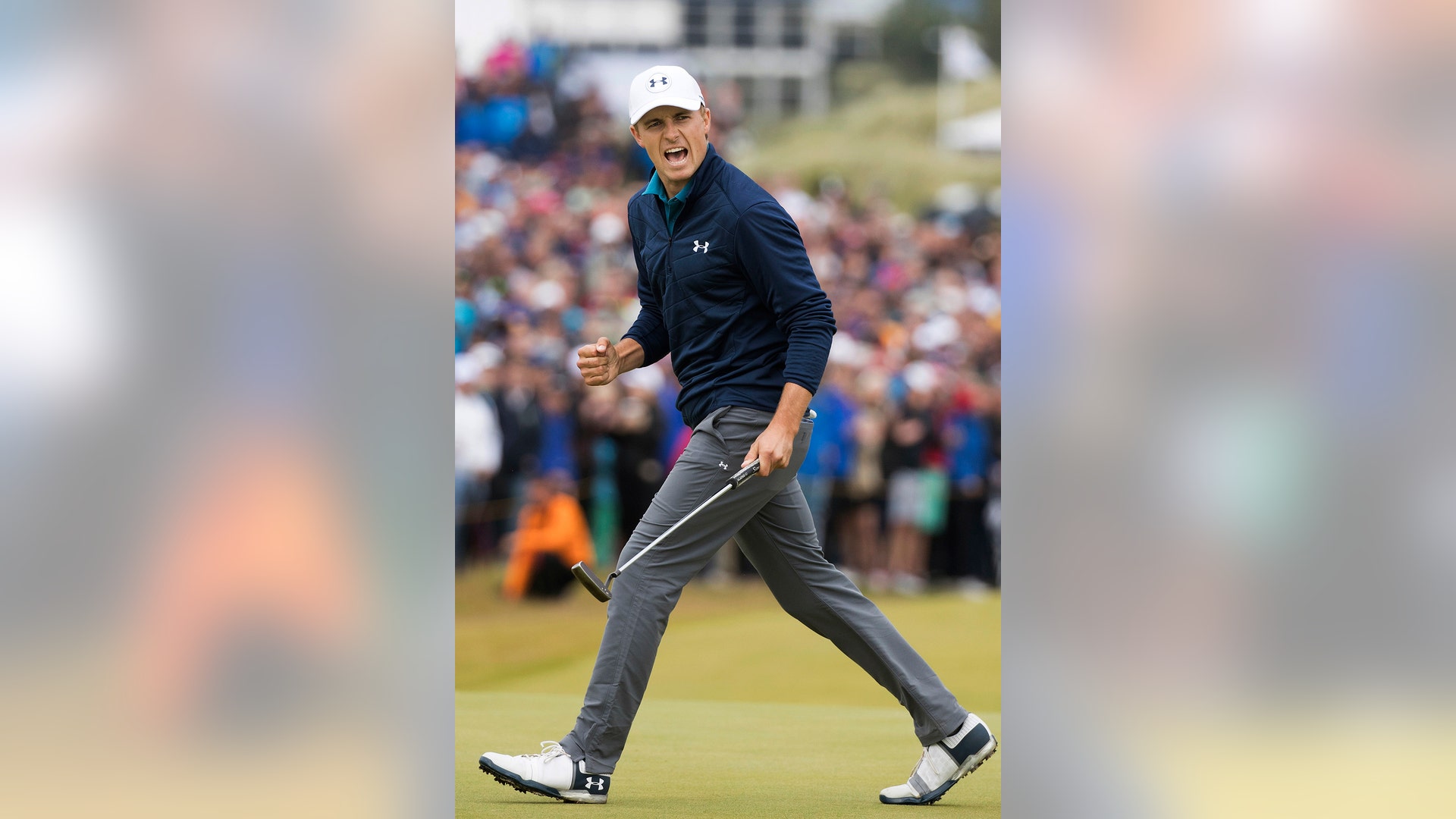 Jordan Spieth celebrates his birdie on the 16th hole during the final round of the British Open Golf Championship