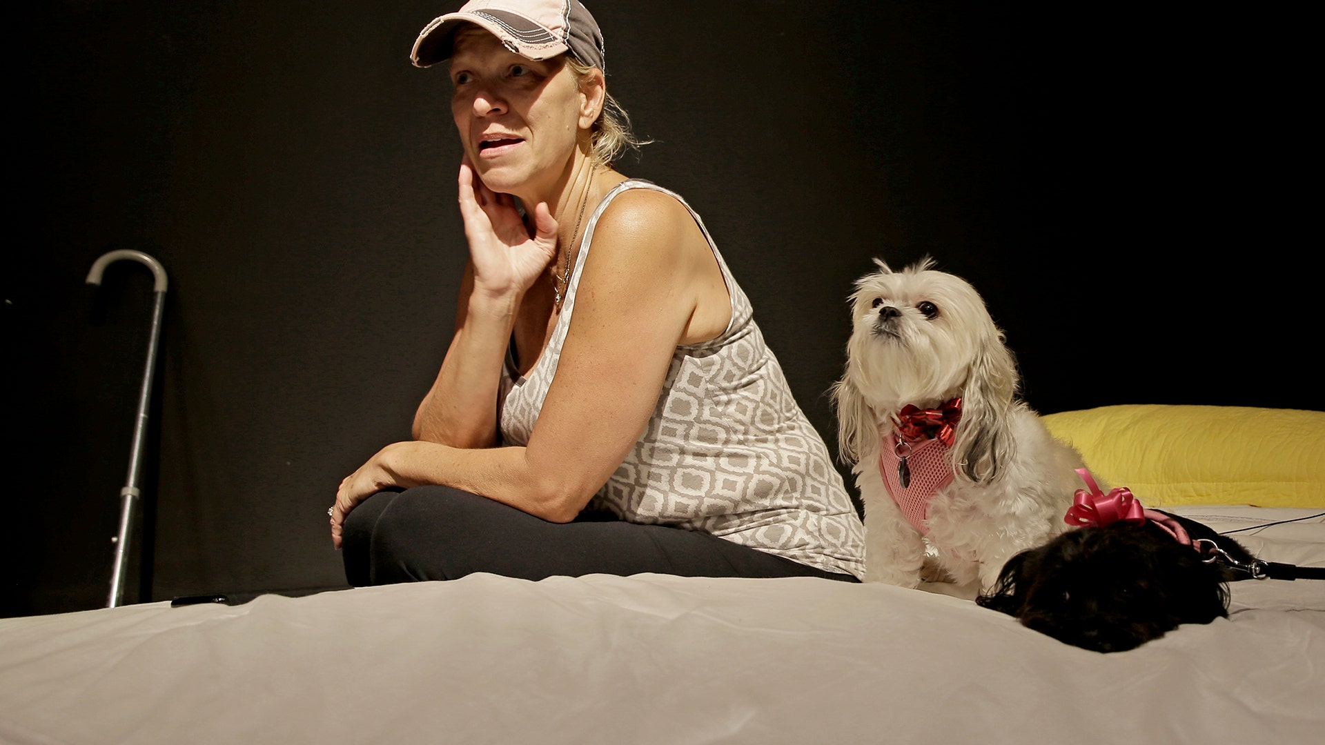 Jacquelin Gaitan sits with her dogs Gracie and Bella while sheltering at Gallery Furniture Wednesday, in Richmond, Texas
