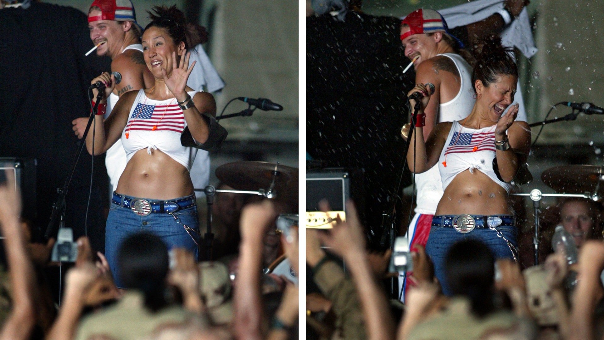 Model Leeann Tweeden unsuccessfully pleads with U.S. troops not to douse her with water at Baghdad's international airport June 19, 2003