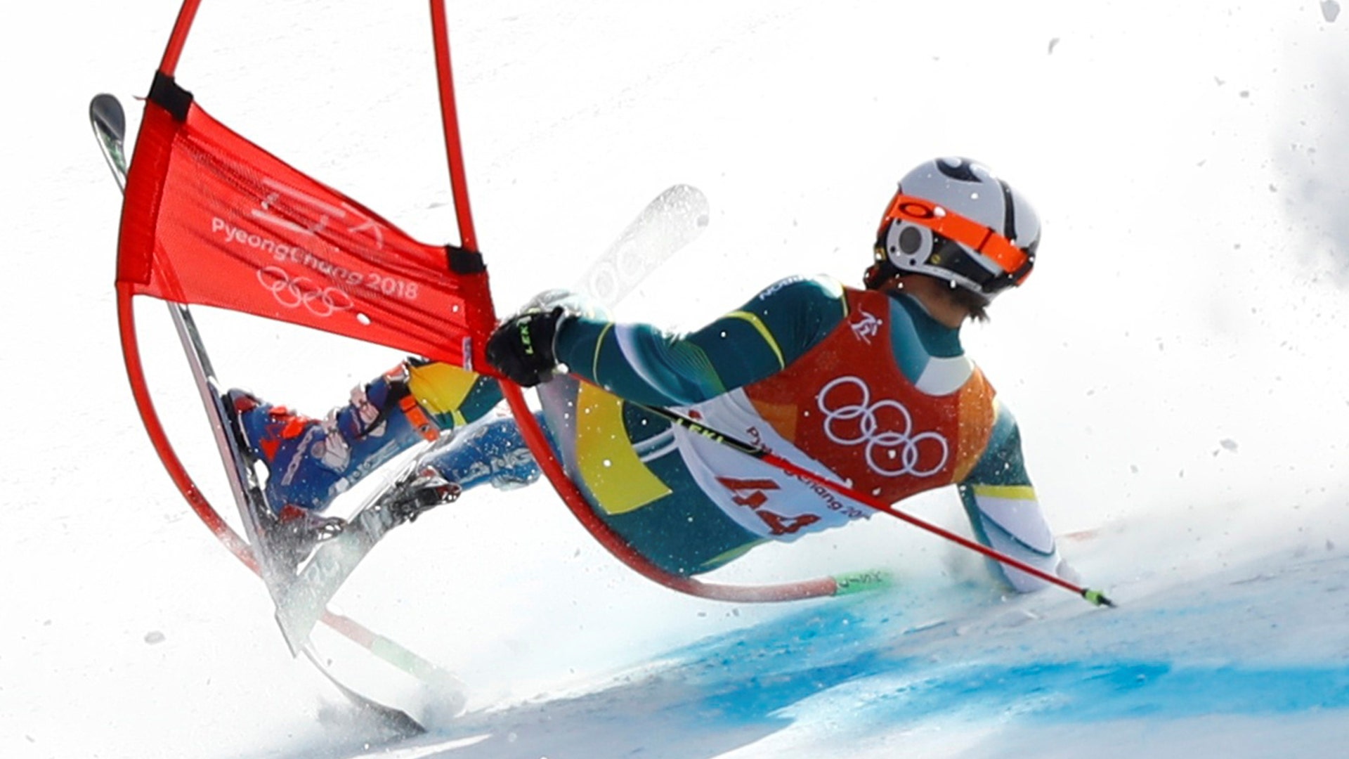 Harry Laidlaw of Australia crashes in the men's giant slalom at the Pyeongchang 2018 Winter Olympics