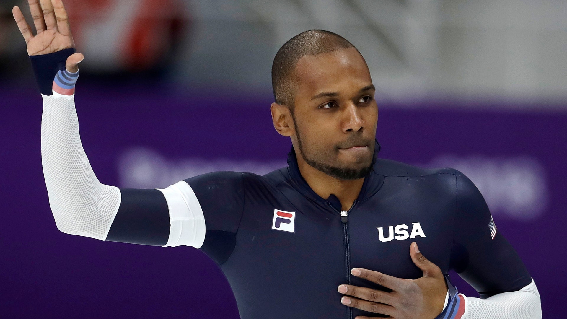 Shani Davis of the U.S. after the men's 1,000 meters speed skating race t the 2018 Winter Olympics