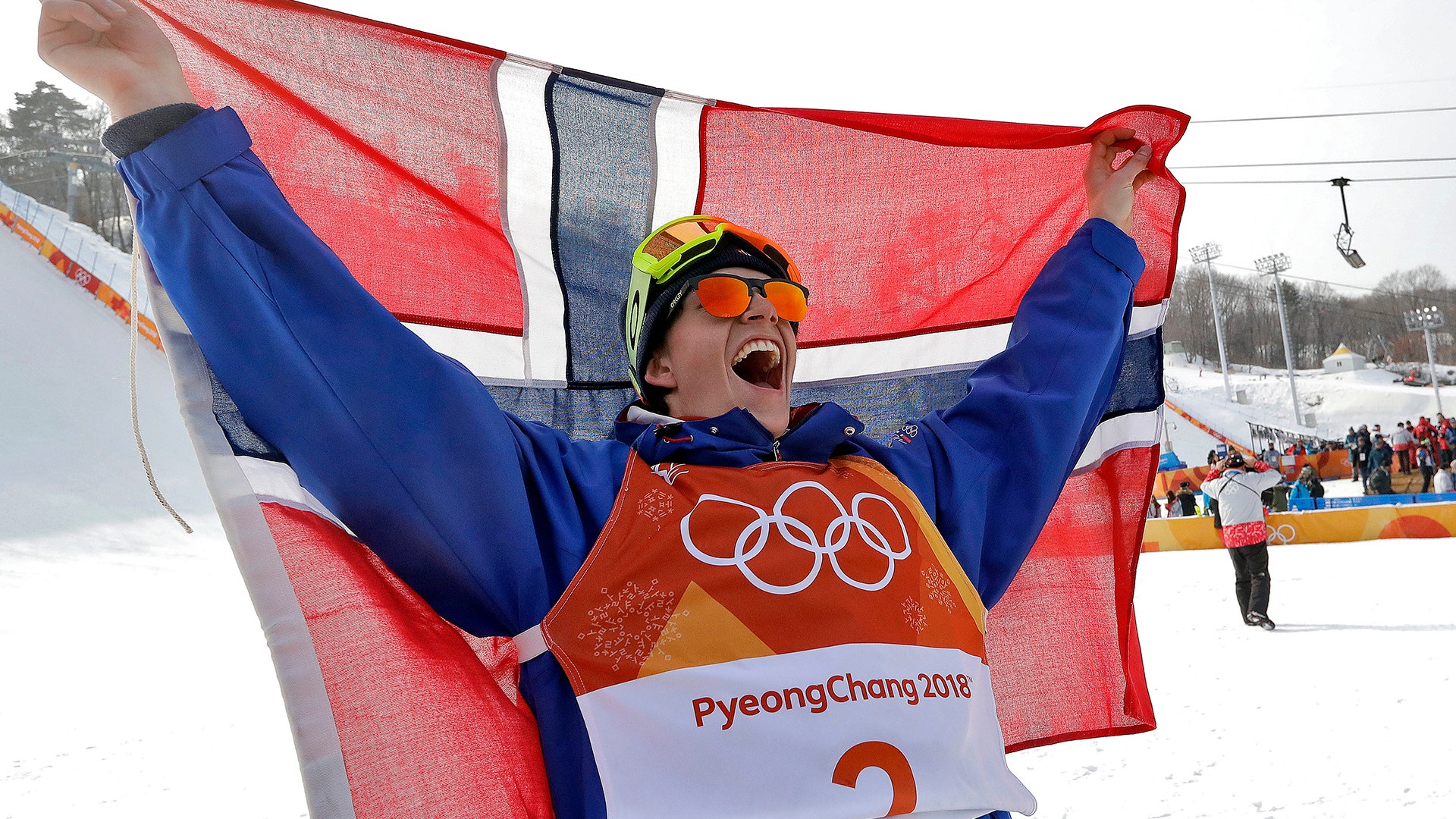 Gold medal winner Oystein Braaten of Norway, celebrates after the men's slopestyle final 2018 Winter Olympics