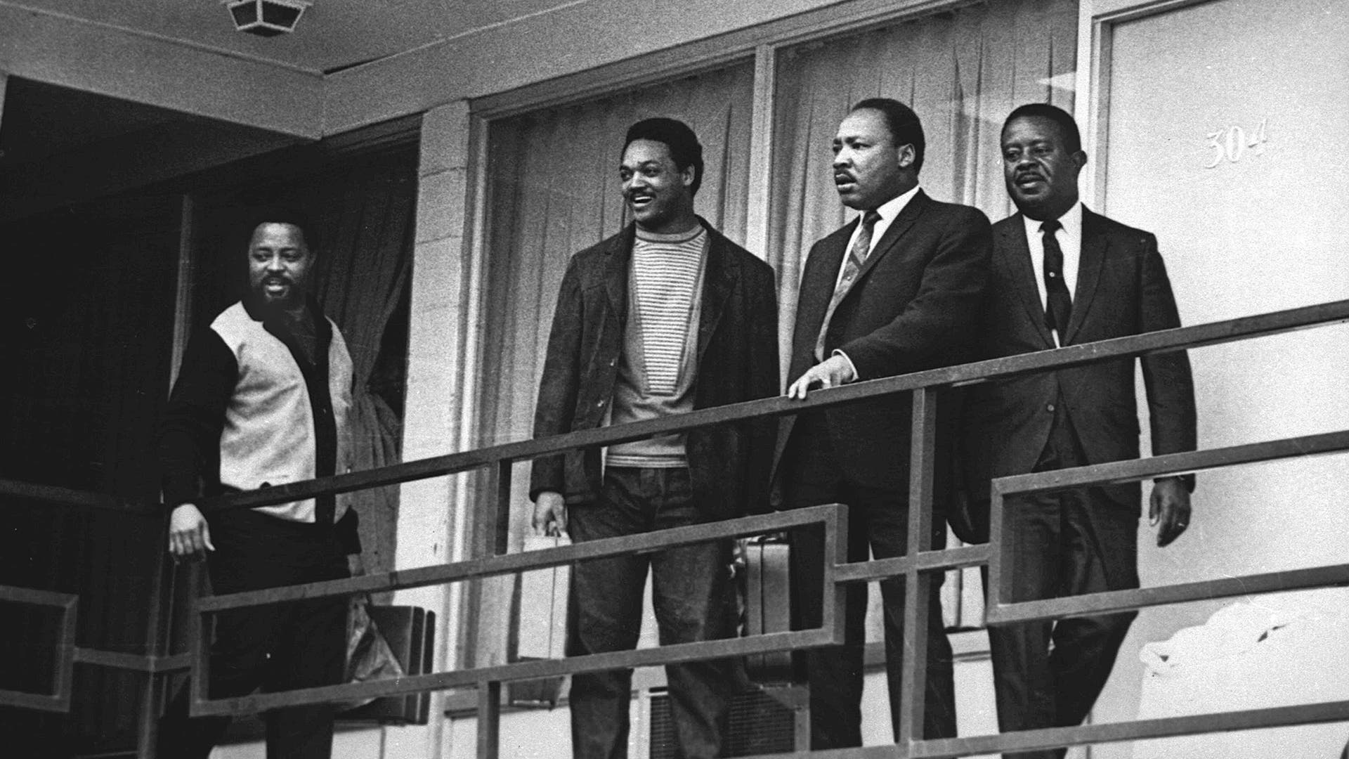 Dr. Martin Luther King, Jr. with Jesse Jackson and Ralph Abernathy at the Lorraine Motel in Memphis, a day before he was assassinated