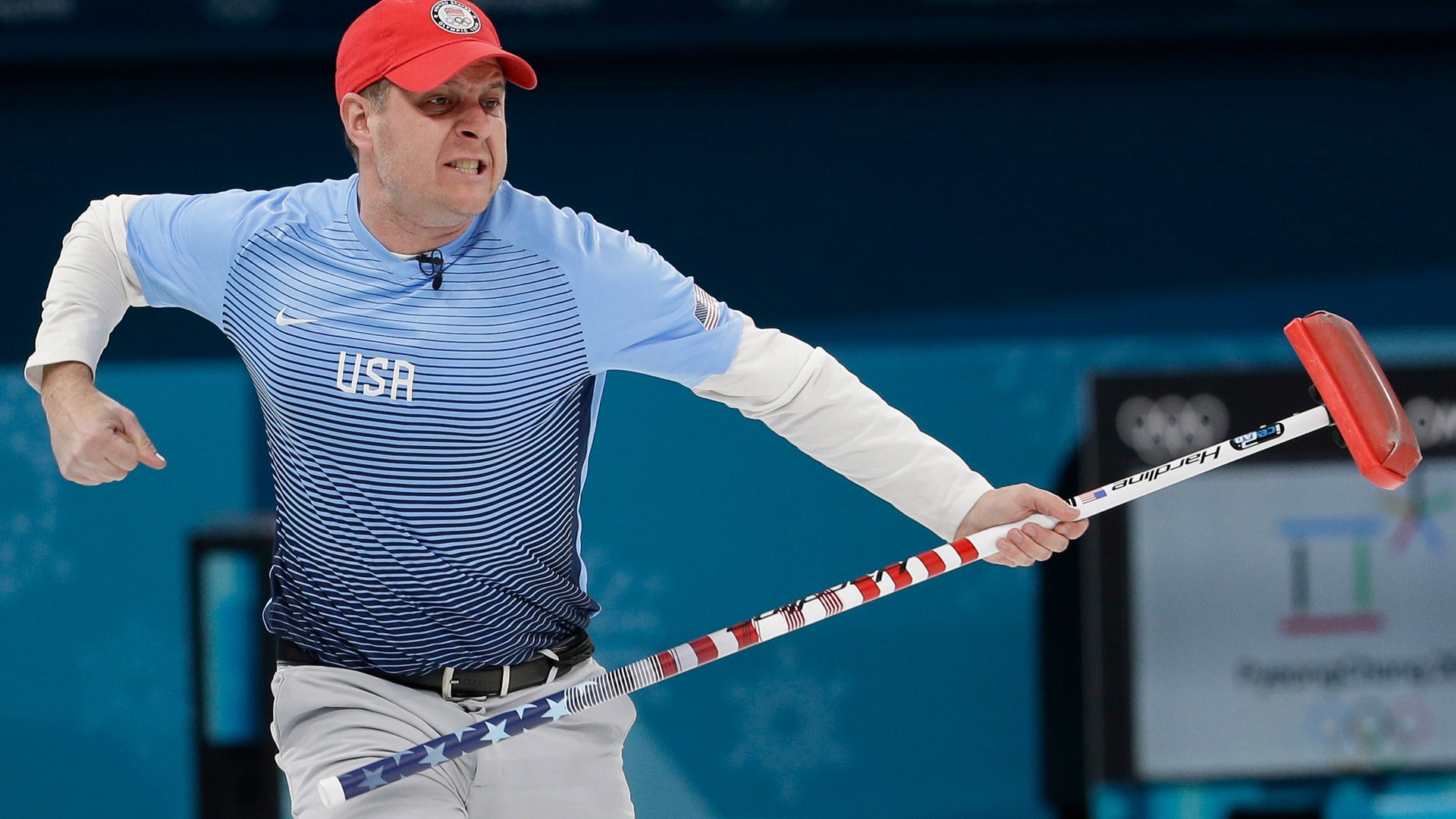 United States skip John Shuster reacts during the men final curling match against Sweden