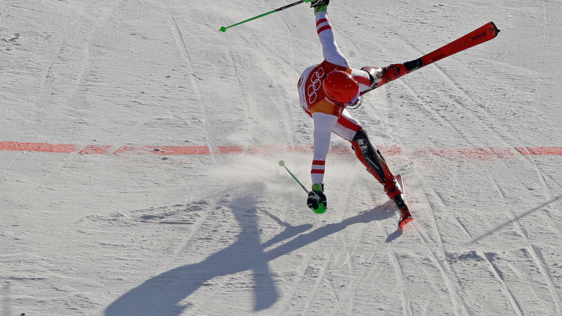 Gold medalist Marcel Hirscher from Austria crosses the finish line in the men's combined at the 2018 Winter Olympics 