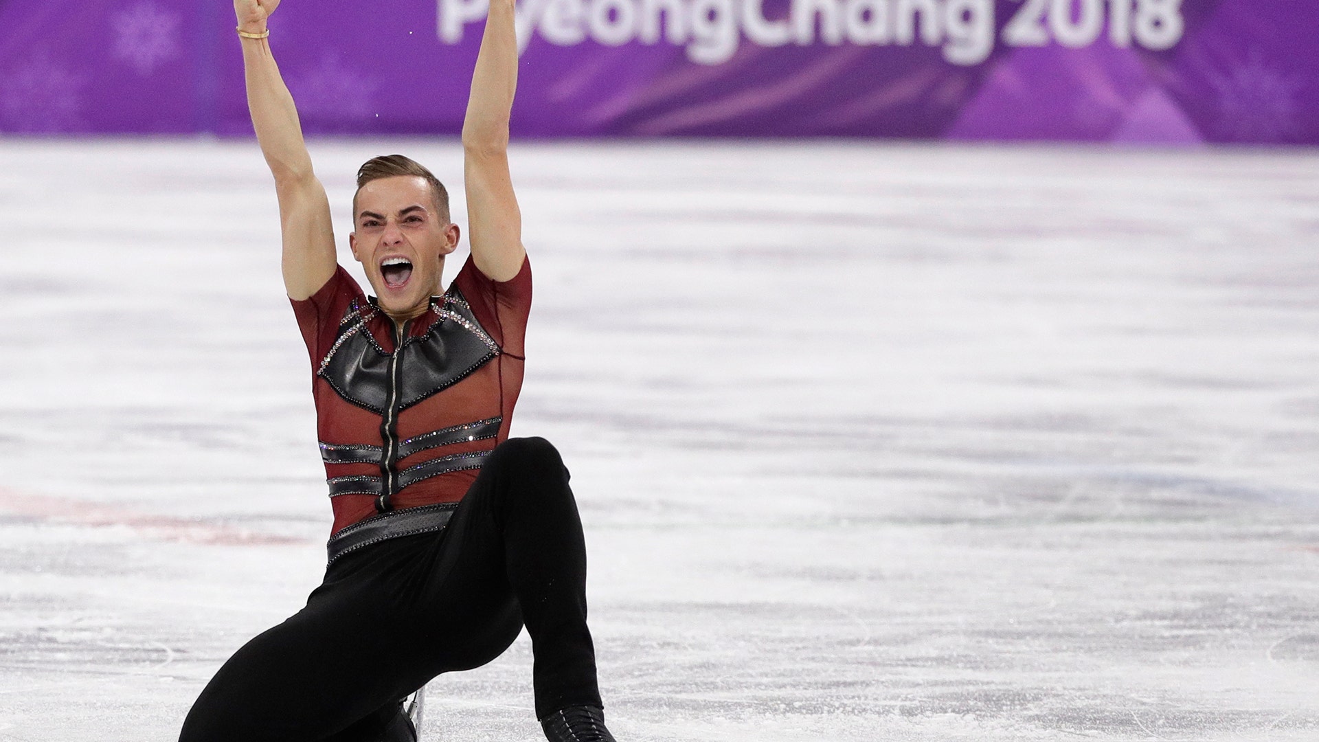 Adam Rippon of the United States at the end of his performance in the men's figure skating short program at the 2018 Winter Olympics