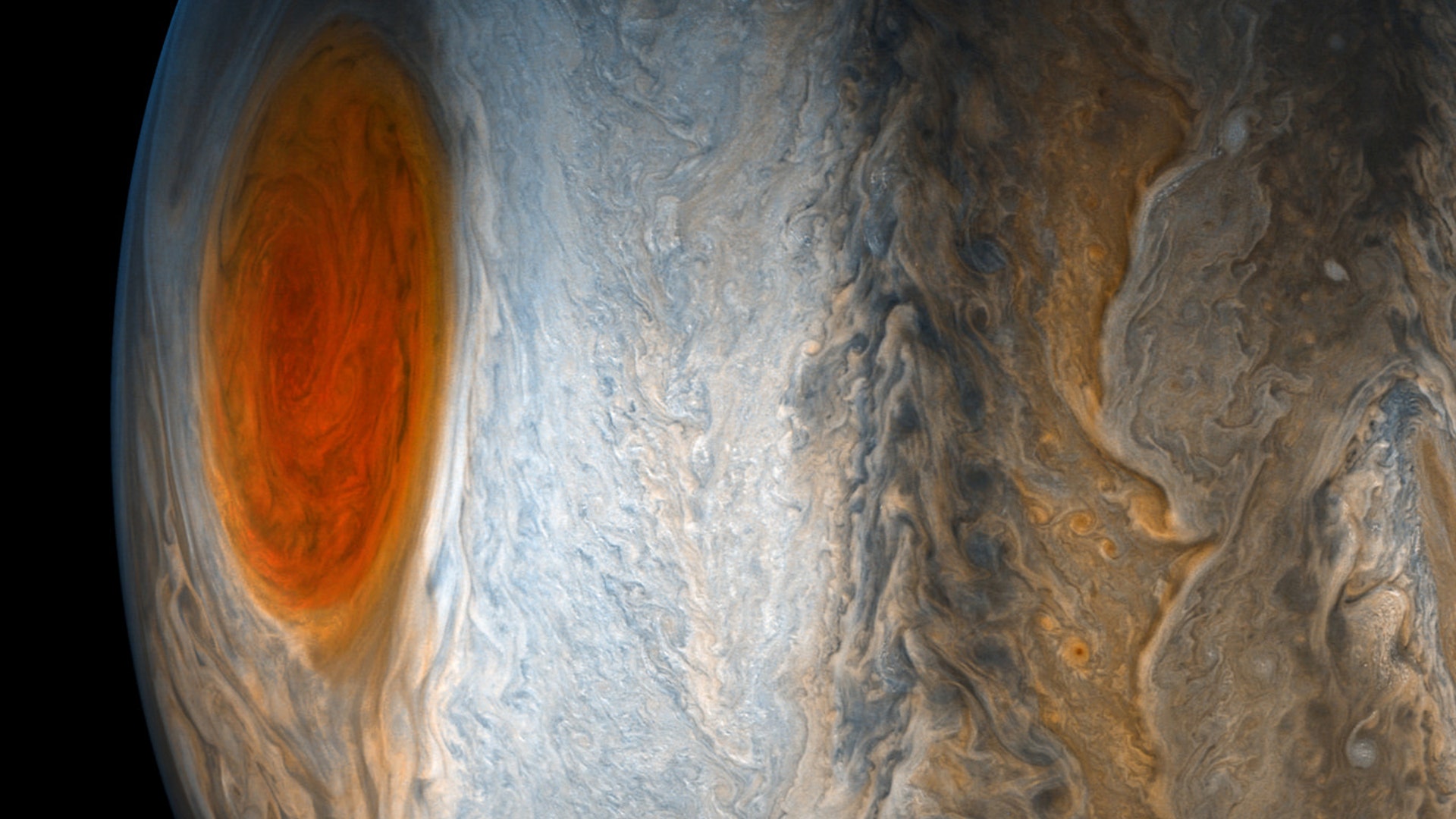 An image from the JunoCam imager on NASA's Juno spacecraft shows Jupiter's Great Red Spot, July 10