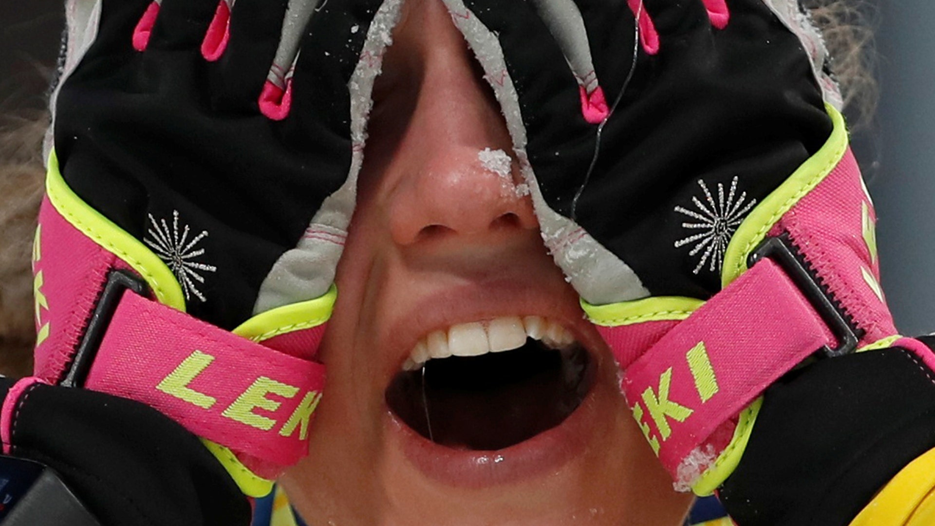 Hanna Oeberg of Sweden reacts to winning the gold medal in the women's 15km individual biathlon at the 2018 Winter Olympics