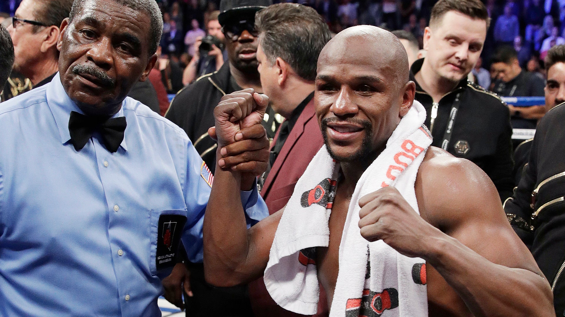 Floyd Mayweather Jr. after defeating Conor McGregor in a super welterweight boxing match in Las Vegas