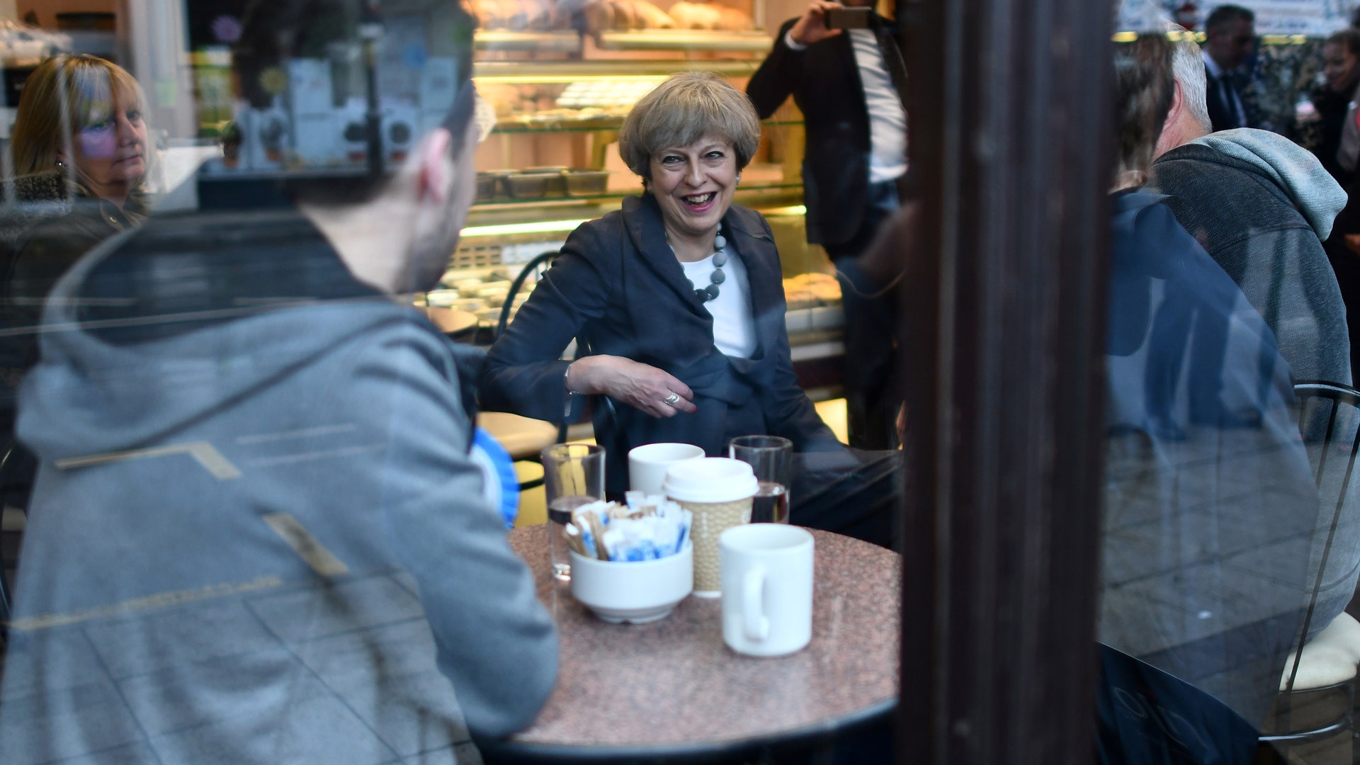 Britain's Prime Minister Theresa May visits a bakery during an election campaign visit to Fleetwood