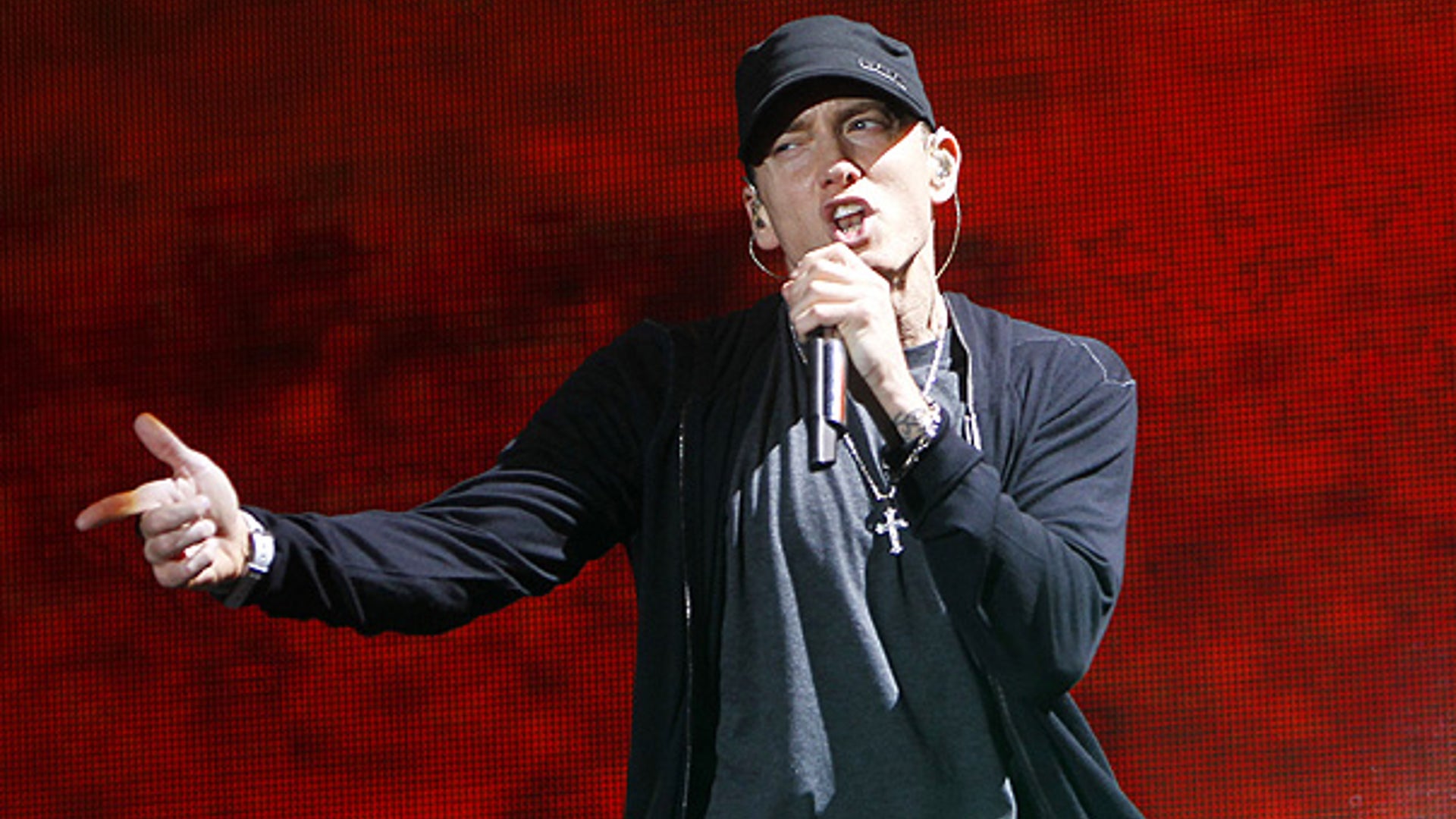 Eminem on red bkgrd in NYC