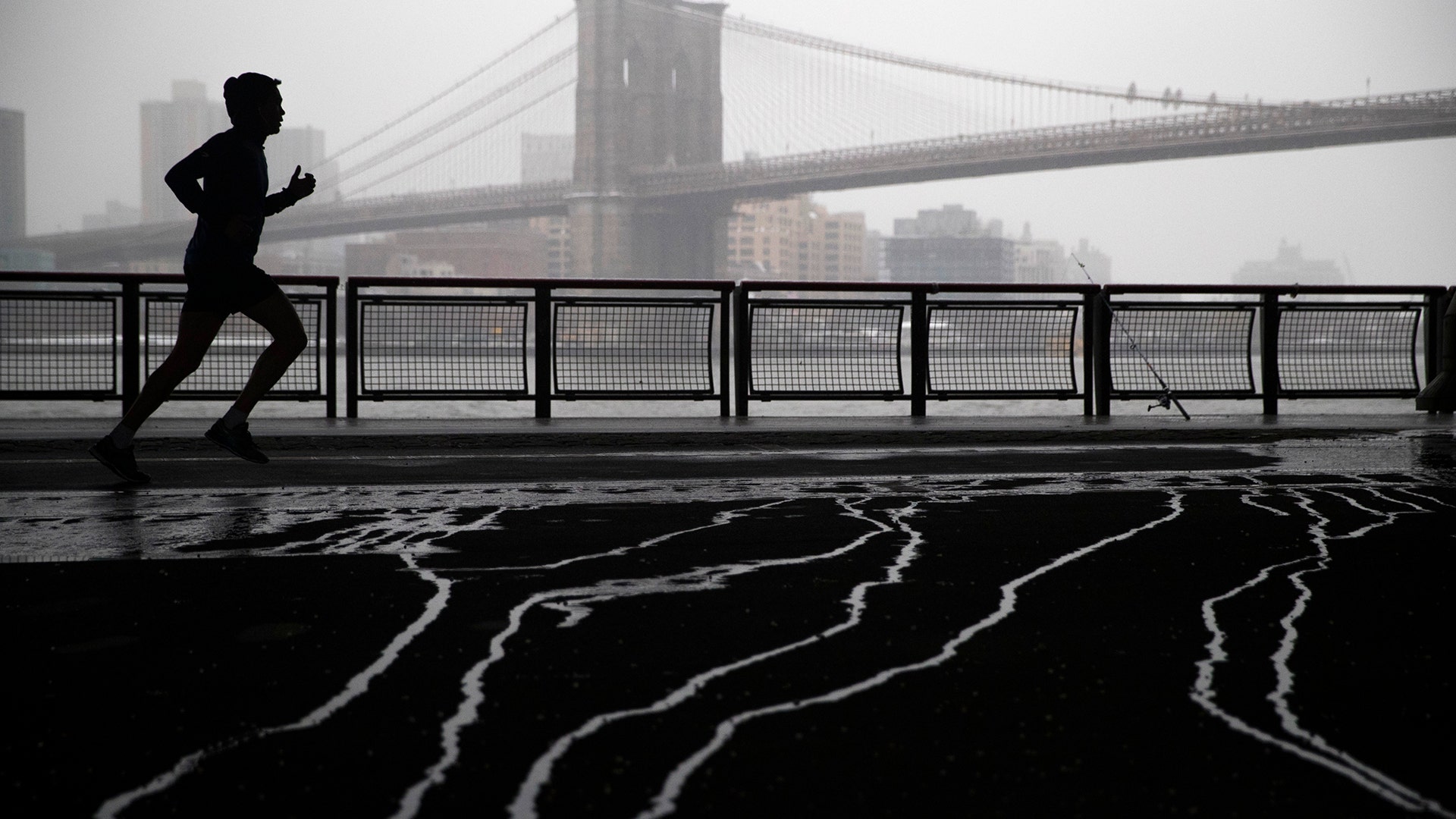 Snow falls as a jogger, framed by the Brooklyn Bridge, runs underneath the Franklin Delano Roosevelt Drive overpass.
