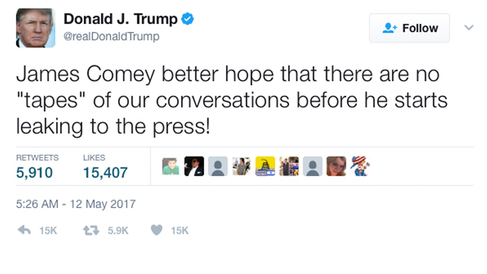 President Trump's tweet after firing FBI Director James Comey