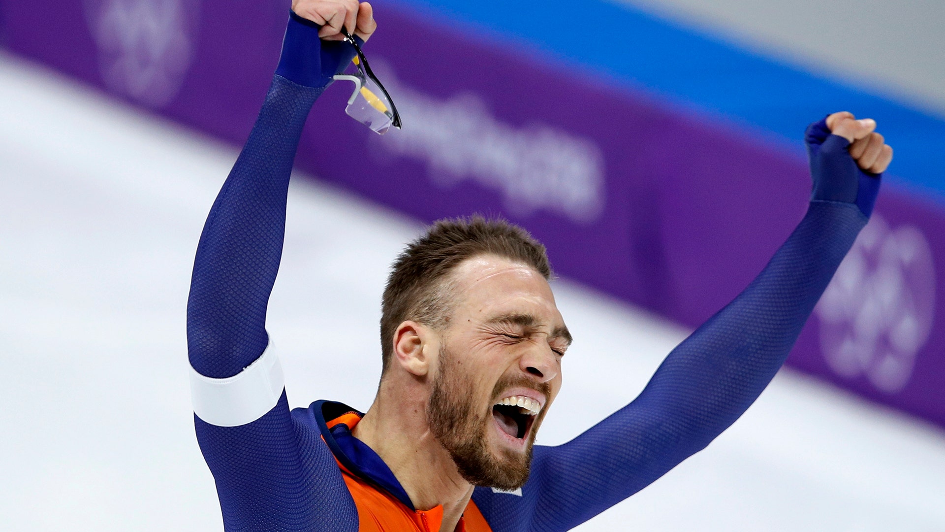 Gold medalist Kjeld Nuis of The Netherlands celebrates after the men's 1,000 meters speed skating race at the Winter Olympics