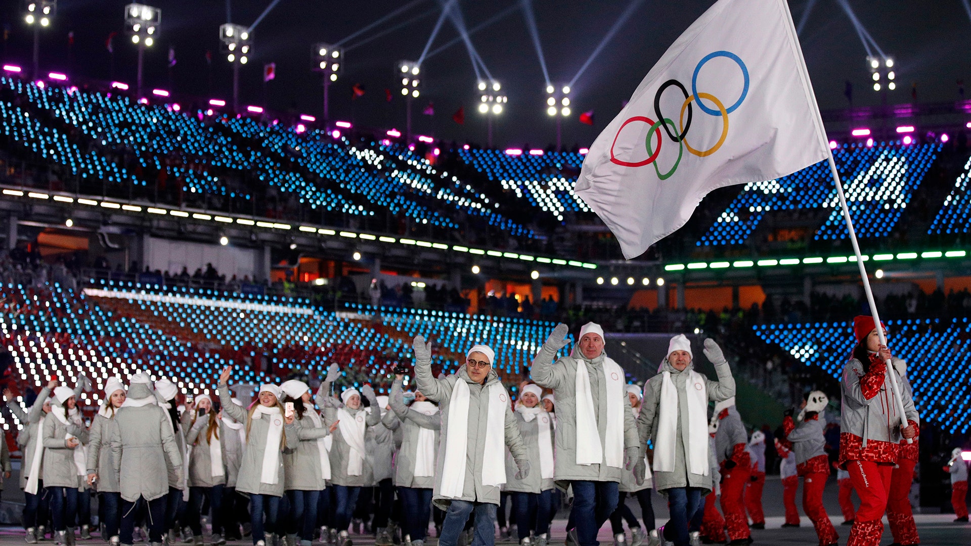 Athletes from Russia march behind an Olympic flag during the opening ceremony of the 2018 Winter Olympics in Pyeongchang