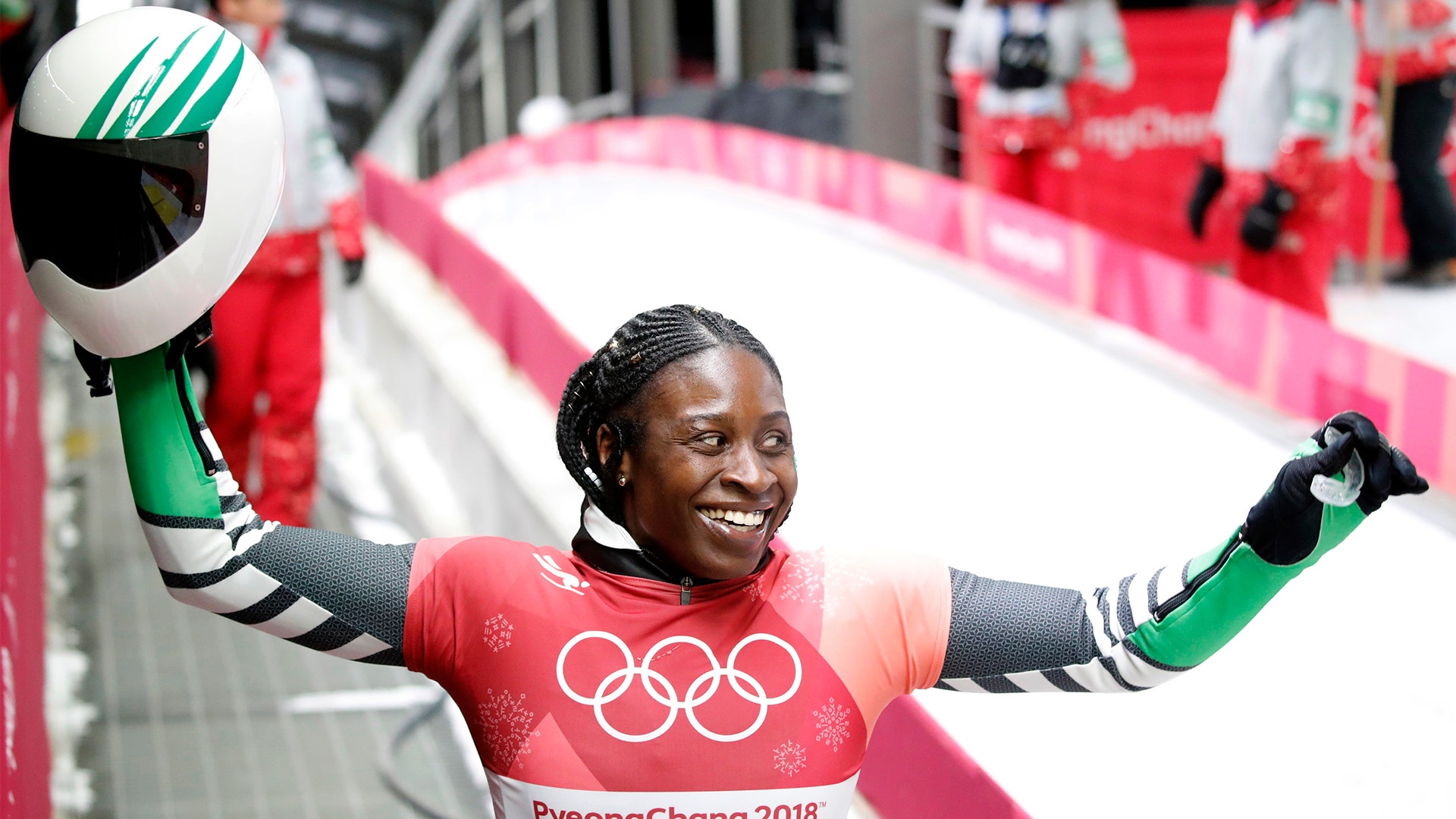 Simidele Adeagbo of Nigeria reacts after her run on skeleton
