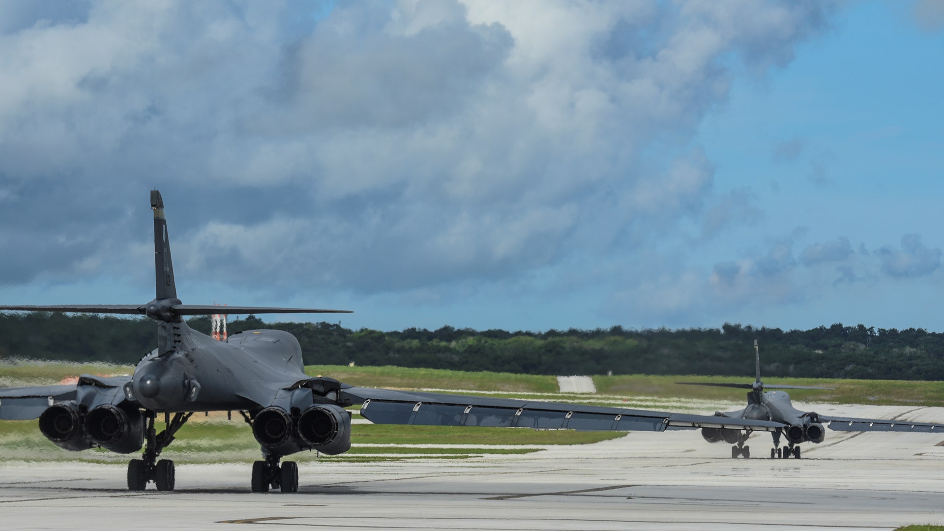 U.S. Air Force B-1B Lancer bombers prepare to take off, August 8, 2017.